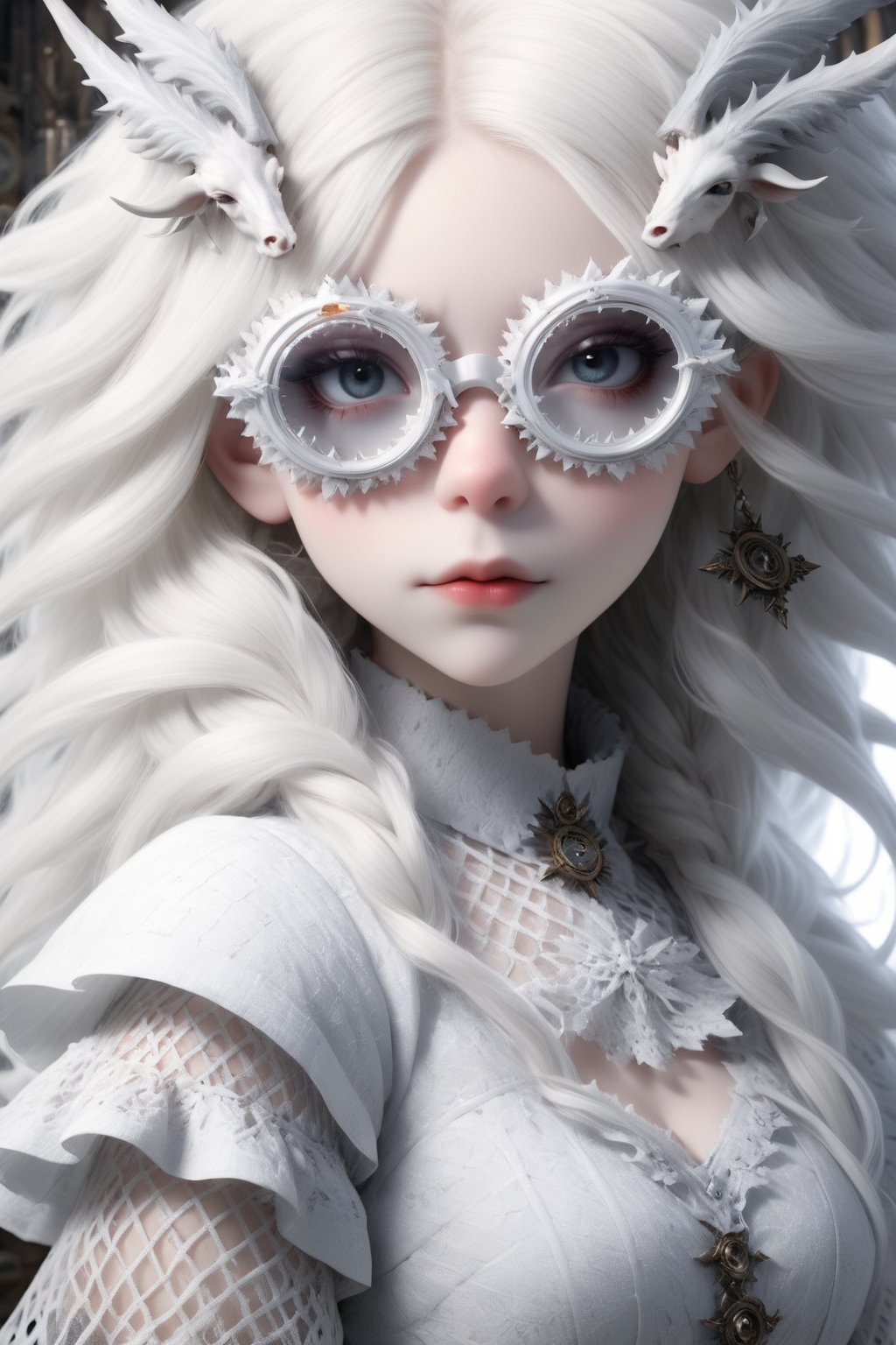 1 girl, (masterful), albino demon girl with lethargic sleepy smokey eyes,(white dreadlocks hair),((slit pupil eyes)),mesh fishnet blouse, (long intricate horns:1.2) ,wearing sfglasses,(looking to the side:2.0),
best quality, highest quality, extremely detailed CG unity 8k wallpaper, detailed and intricate, 
,steampunk style,Glass Elements,,sfglasses