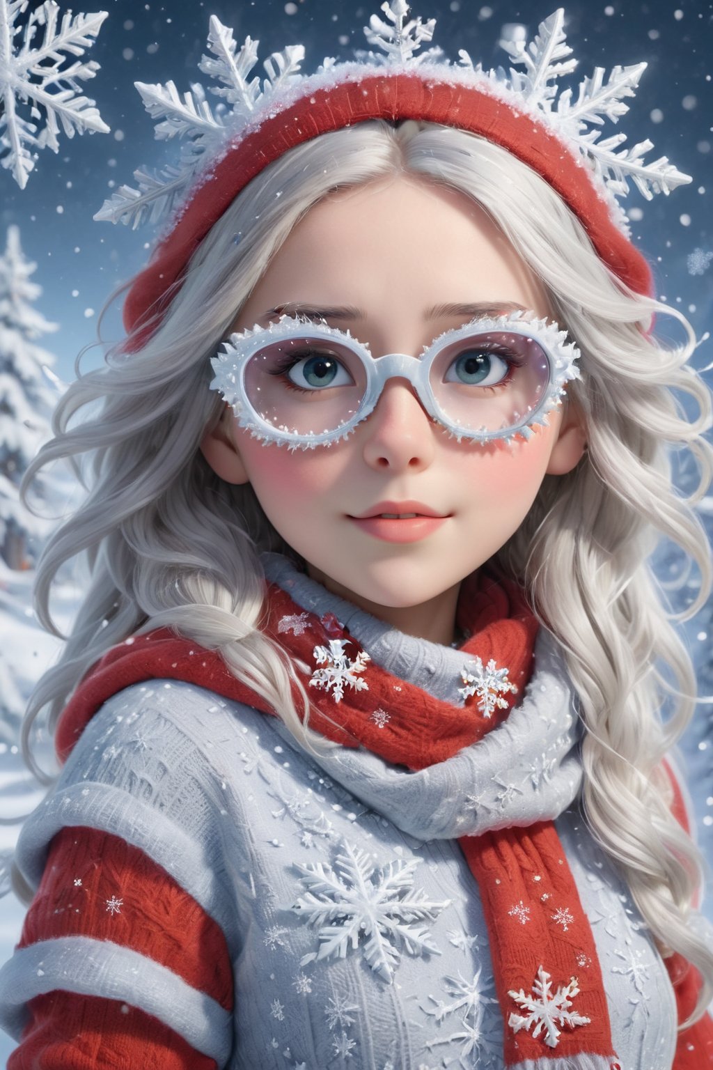 
In this Christmas scene, a petite girl stands alone in the snowy landscape. She wears a red Christmas hat, and her long hair dances in the chilly breeze.wearing sfglasses, Wrapped in a deep red wool sweater, her scarf is adorned with delicate snowflake patterns.

The cold air tinges her cheeks with a slight rosy hue, while her eyes sparkle with warm anticipation. The slightly upturned face reveals a hope for the Christmas miracle. Snowflakes create a silver crown on her hair, as if crafting an ice and snow tiara for her.

Though her hands are not visible from behind, her posture exudes tranquility and expectation. Surrounding her is a silver-clad snowy scene, with a Christmas tree adorned with dazzling lights and gifts. The entire scene emanates warmth and joy, as if the magic of Christmas is about to unfold around her.,sfglasses