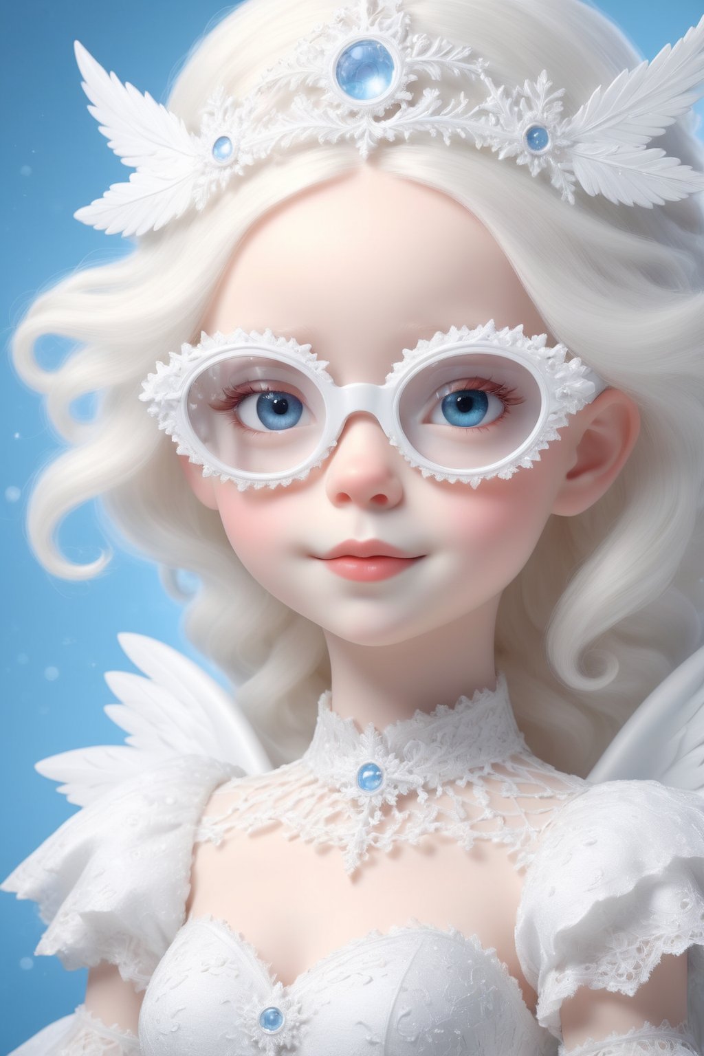 (Photorealistic Stick: 1.2), Sharp focus, (wearing sfglasses), Albino angel girl with seductively beautiful alabaster skin, , cute face, detailed and perfect face, cuteness loved by everyone ,
A bright smile full of compassion, beautiful red lips, big eyes, soft expression, light blue pupils, white eyelashes, white hair,
Her porcelain-white skin, reflecting an almost heavenly glow, (((Victorian wedding dress, expensive, intricately designed tiara)), with intricate lacework and intricate details of lace and embroidery. Pure white wedding dress, (dancing, random pose, changing pose, dynamic angle,), happy atmosphere,,sfglasses