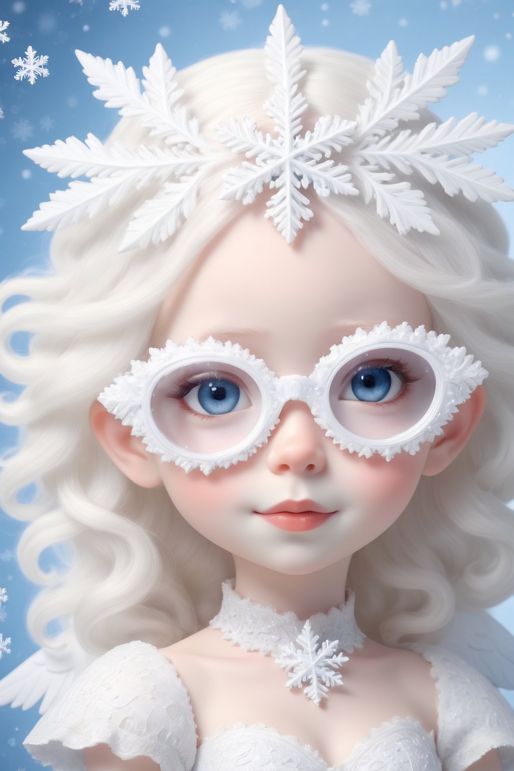 (Photorealistic Stick: 1.2), Sharp focus, (wearing snowflake glasses), Albino angel girl with seductively beautiful alabaster skin, , cute face, detailed and perfect face, cuteness loved by everyone ,
A bright smile full of compassion, beautiful red lips, big eyes, soft expression, light blue pupils, white eyelashes, white hair,
Her porcelain-white skin, reflecting an almost heavenly glow, (((Victorian wedding dress, expensive, intricately designed tiara)), with intricate lacework and intricate details of lace and embroidery. Pure white wedding dress, (dancing, random pose, changing pose, dynamic angle,), happy atmosphere,snowflake glasses,sfglasses