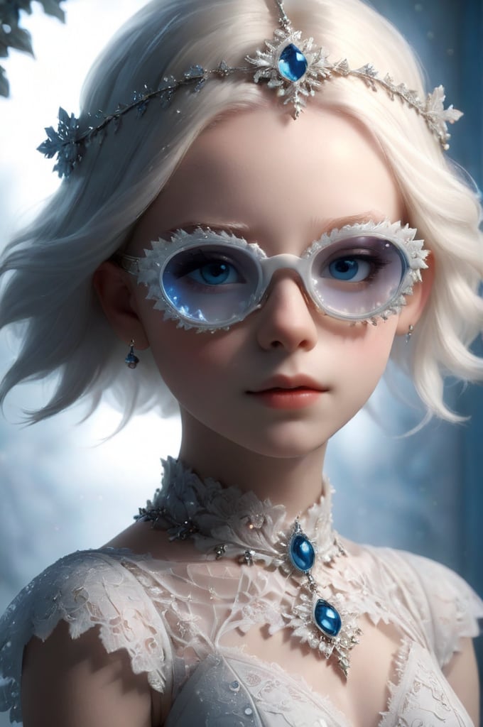 ((Bokeh:1.5)),((Soft focus:1.5)),(Fog),((blur)),(Lens Flare),
The Childlike Empress,stunning beautiful young albino girl,14 yers old,alabaster skin,very short brown  hair,wearing sfglasses,((Slicked back hair)),(head chain with jewelry stone),((viewed from side:1.5)),
girl has Beautiful blue eyes, soft expression, Depth and Dimension in the Pupils, She wears white delicate fractal pattern lace dress, , creating a sense of movement and depth.
p3rfect boobs,3d toon style,sfglasses