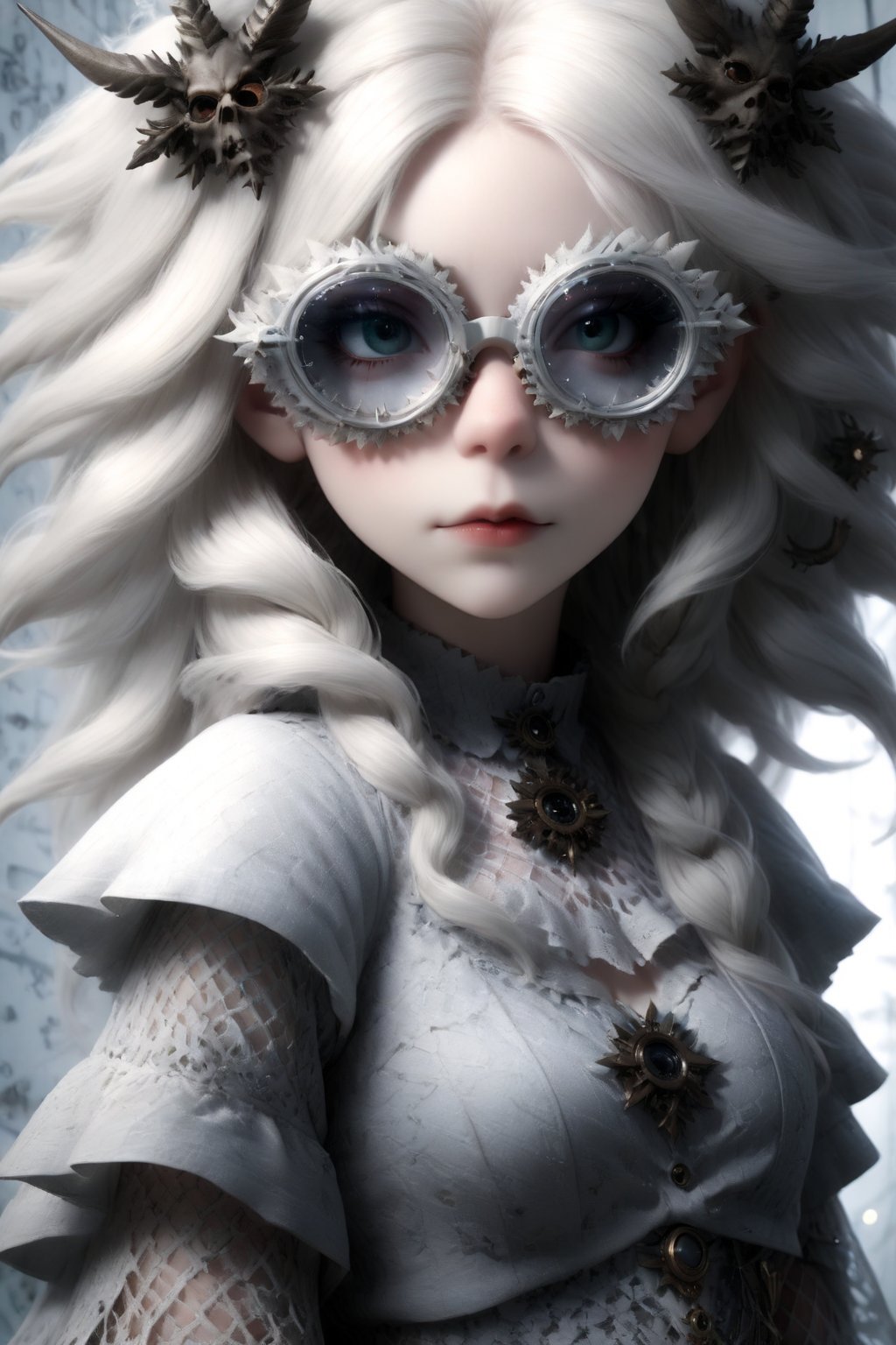 1 girl, (masterful), albino demon girl with lethargic sleepy smokey eyes,(white dreadlocks hair),((slit pupil eyes)),mesh fishnet blouse, (long intricate horns:1.2) ,wearing sfglasses,(upper body:1.5),
best quality, highest quality, extremely detailed CG unity 8k wallpaper, detailed and intricate, 
,steampunk style,Glass Elements,sfglasses