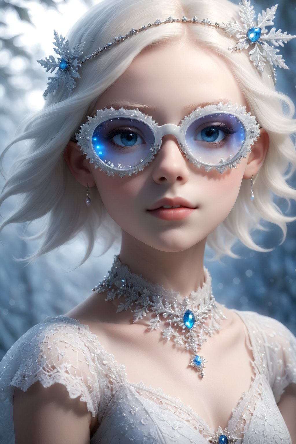 ((Bokeh:1.5)),((Soft focus:1.5)),(Fog),((blur)),(Lens Flare),
The Childlike Empress,stunning beautiful young albino girl,14 yers old,alabaster skin,very short brown  hair,wearing sfglasses,((Slicked back hair)),(head chain with jewelry stone),((viewed from side:1.5)),
girl has Beautiful blue eyes, soft expression, Depth and Dimension in the Pupils, She wears white delicate fractal pattern lace dress, , creating a sense of movement and depth.
p3rfect boobs,3d toon style,sfglasses