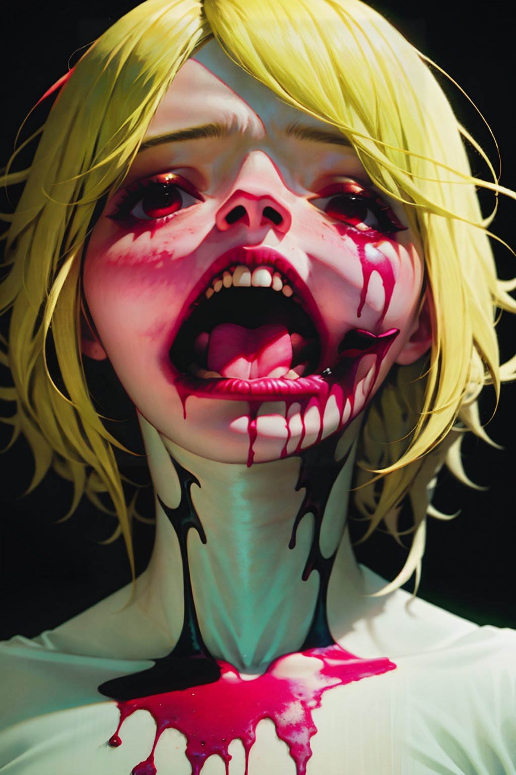 1girl,solo,looking at viewer,open mouth,blonde hair,simple background,teeth,tongue,blood,black background,portrait,blood on face,horror (theme)
