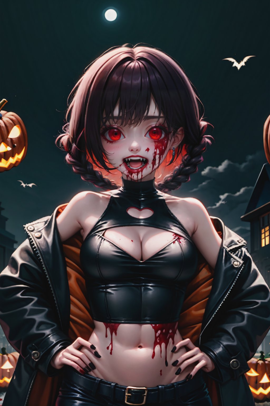 1girl,solo,breasts,looking at viewer,smile,short hair,open mouth,bangs,red eyes,navel,cleavage,bare shoulders,jewelry,medium breasts,braid,earrings,outdoors,open clothes,sky,sleeveless,midriff,nail polish,twin braids,coat,black jacket,crop top,fingernails,clothing cutout,blood,night,turtleneck,fangs,abs,cleavage cutout,black nails,halloween,hair rings,hands on hips,black coat,blood on face,vampire,blood from mouth,covered collarbone
