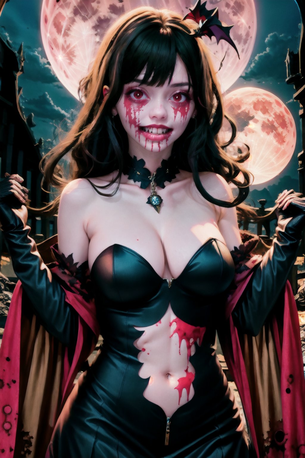 1girl,solo,long hair,breasts,looking at viewer,smile,bangs,large breasts,black hair,red eyes,gloves,dress,navel,cleavage,bare shoulders,jewelry,very long hair,collarbone,earrings,outdoors,parted lips,sky,teeth,choker,black gloves,elbow gloves,fingerless gloves,black dress,parted bangs,strapless,blood,detached collar,night,glowing,fangs,piercing,moon,strapless dress,glowing eyes,full moon,blood on face,bat (animal),navel cutout,vampire,blood from mouth,red moon, horror
