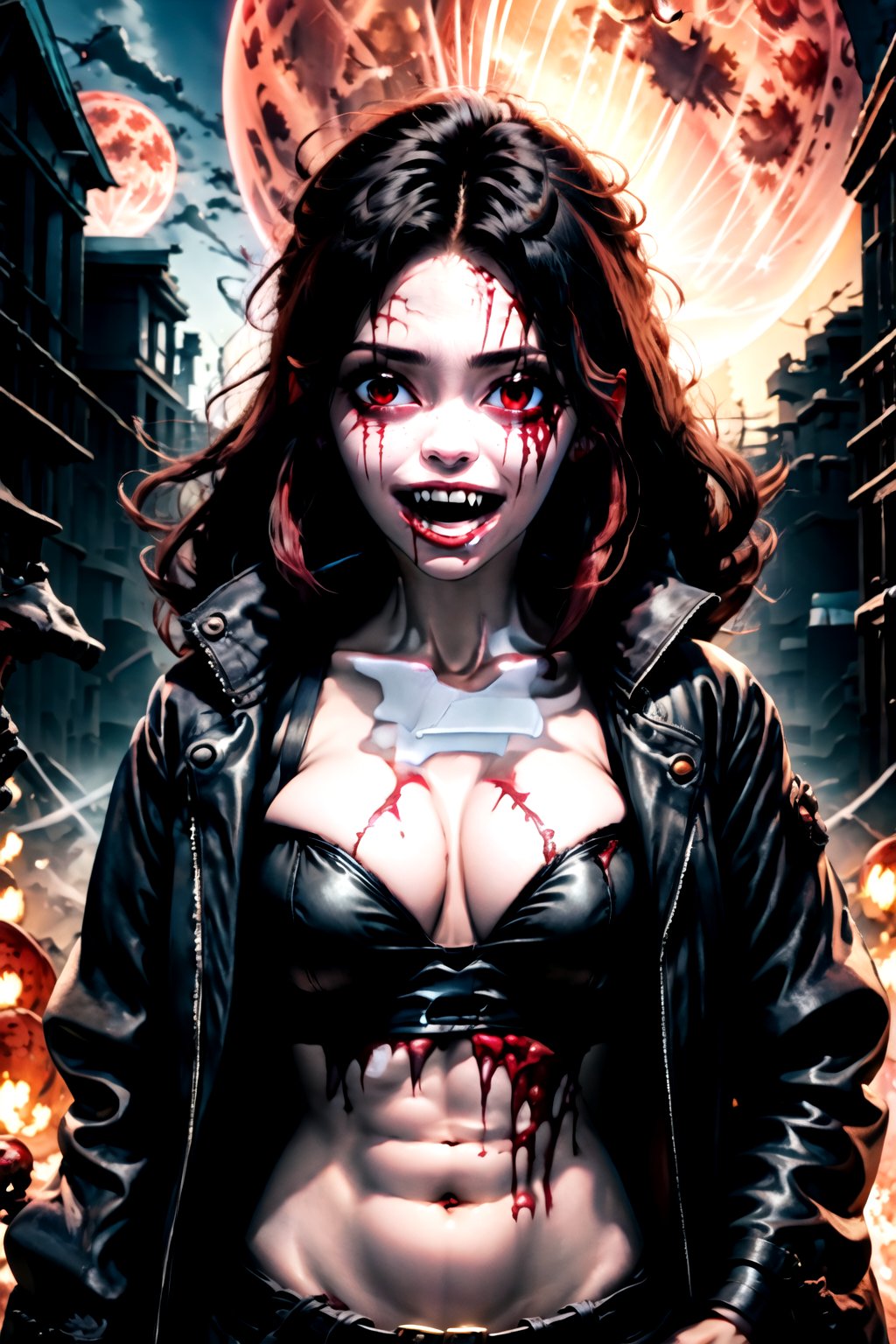 1girl,solo,long hair,breasts,looking at viewer,smile,open mouth,black hair,red eyes,cleavage,collarbone,jacket,upper body,outdoors,sky,teeth,blood,night,fangs,hair intakes,moon,full moon,blood on face,vampire,horror (theme),guro
