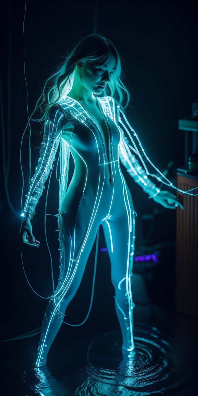  A captivating figure in a bioluminescent bodysuit that pulses with organic circuit board patterns. The design resembles veins and cellular structures. Setting: Deep-sea cave glowing with bioluminescent life. (Style: Biopunk, Aquatic,absurdres),circuit_art,Masterpiece,more_details