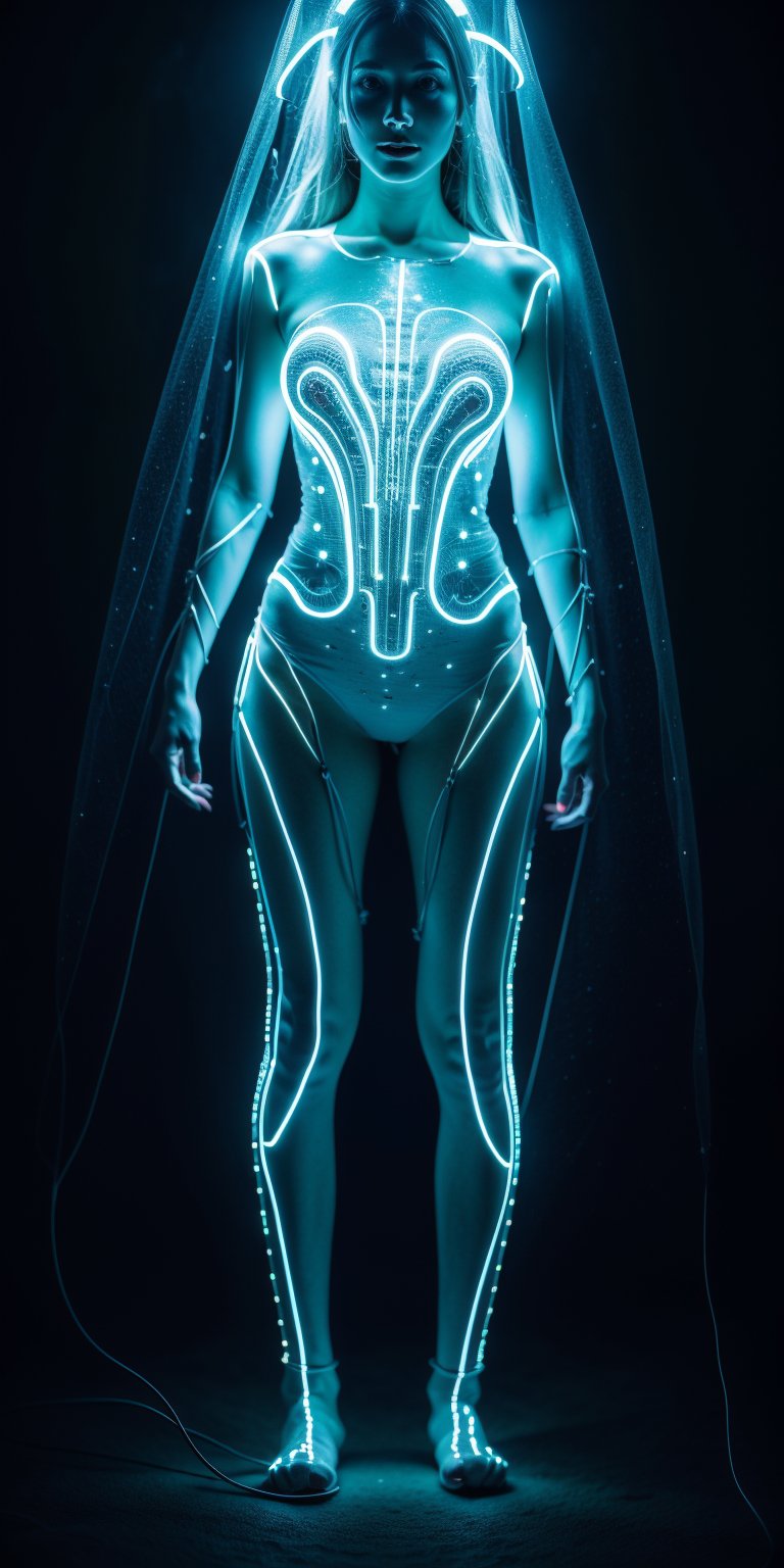  A captivating figure in a bioluminescent bodysuit that pulses with organic circuit board patterns. The design resembles veins and cellular structures. Setting: Deep-sea cave glowing with bioluminescent life. (Style: Biopunk, Aquatic,absurdres),circuit_art,Masterpiece