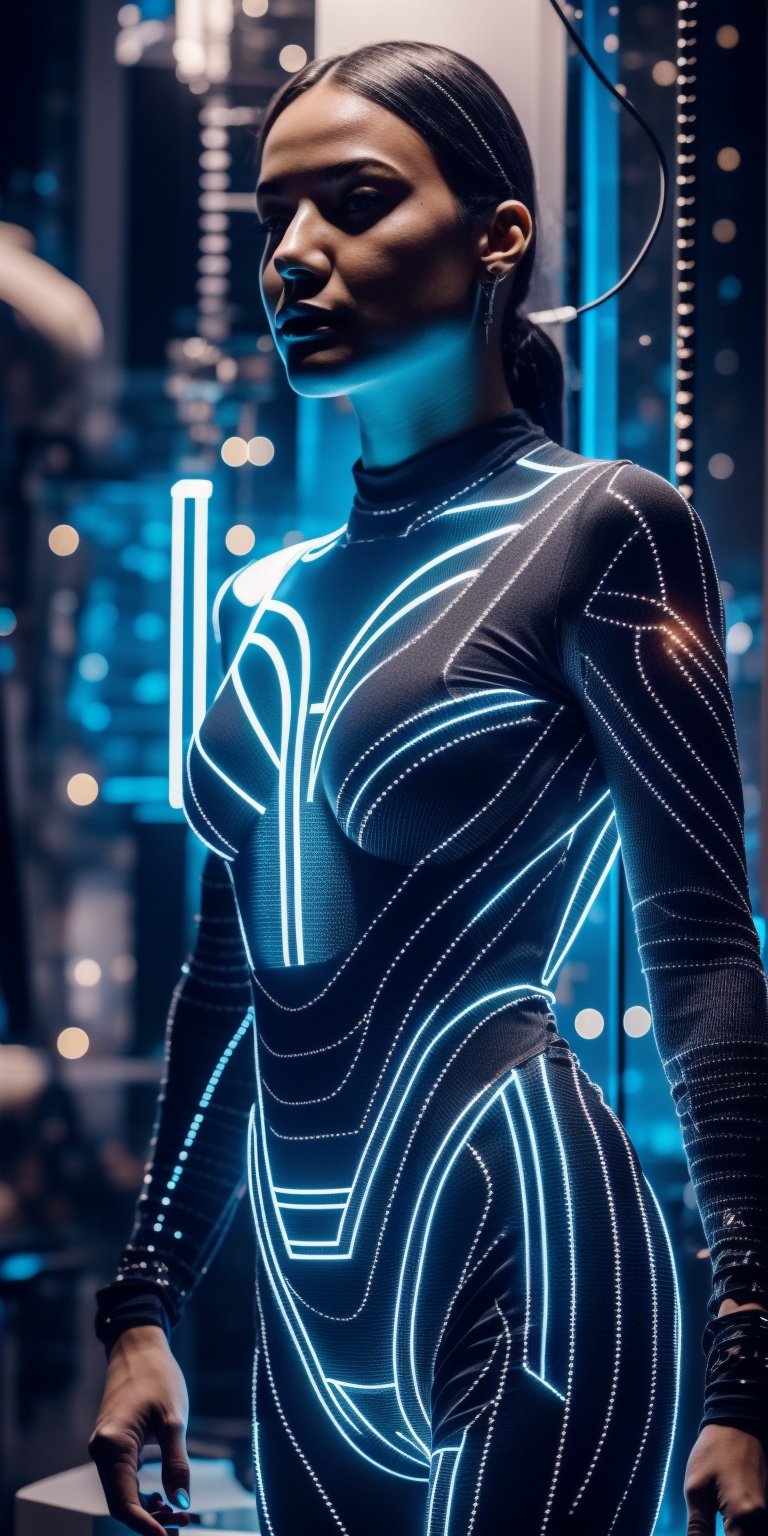 1girl, Bodysuit pulsating with tiny nanobots forming intricate circuit board patterns. Eyes gleam with controlled power. Setting: Futuristic laboratory buzzing with technological activity,circuit_art,Masterpiece,photorealistic,more_details