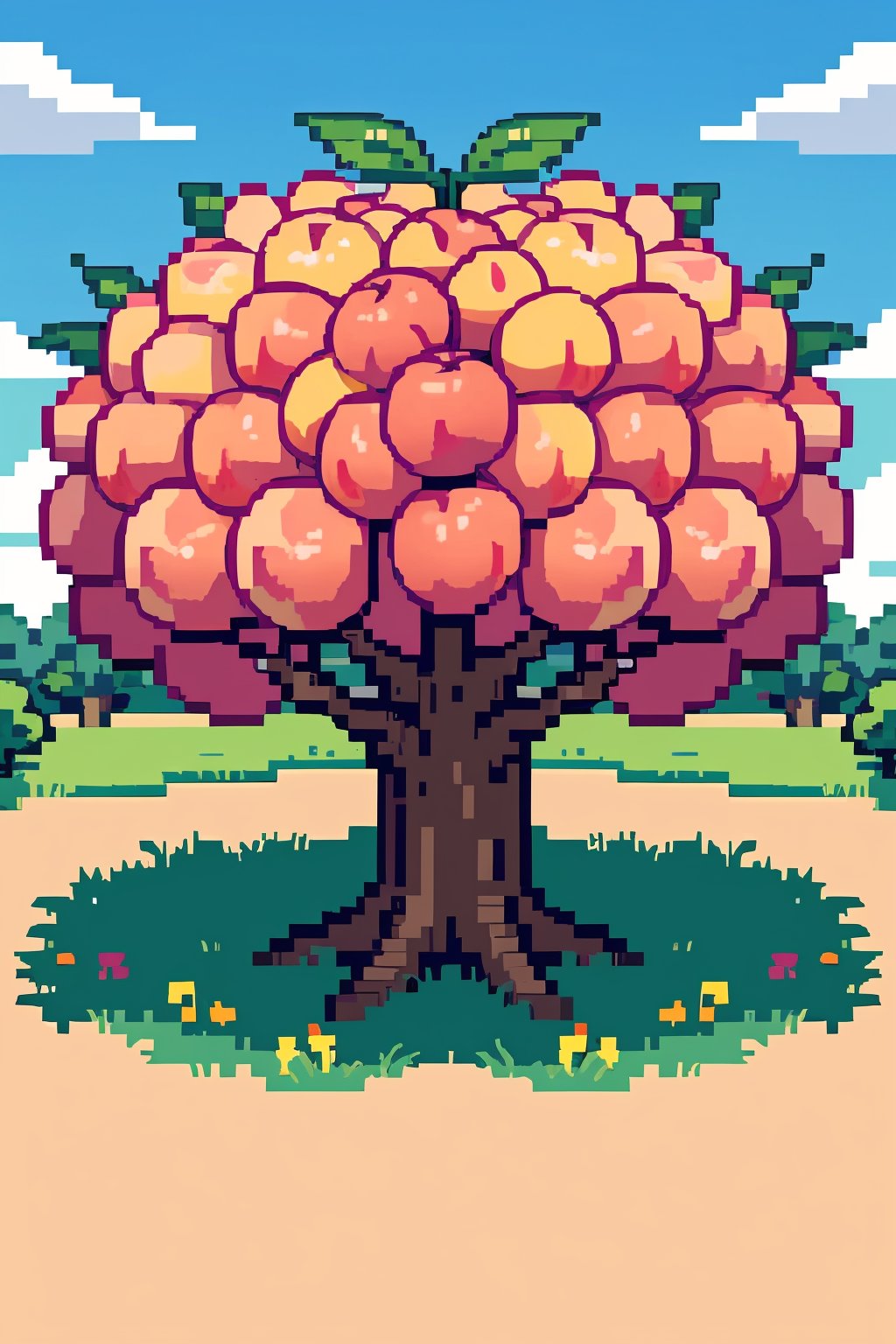 Orchard, large peach, blue sky, pixel art,