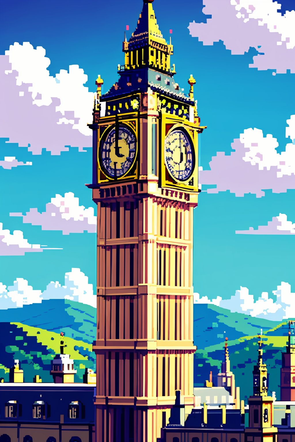 England, Big Ben, blue sky, pixel art,