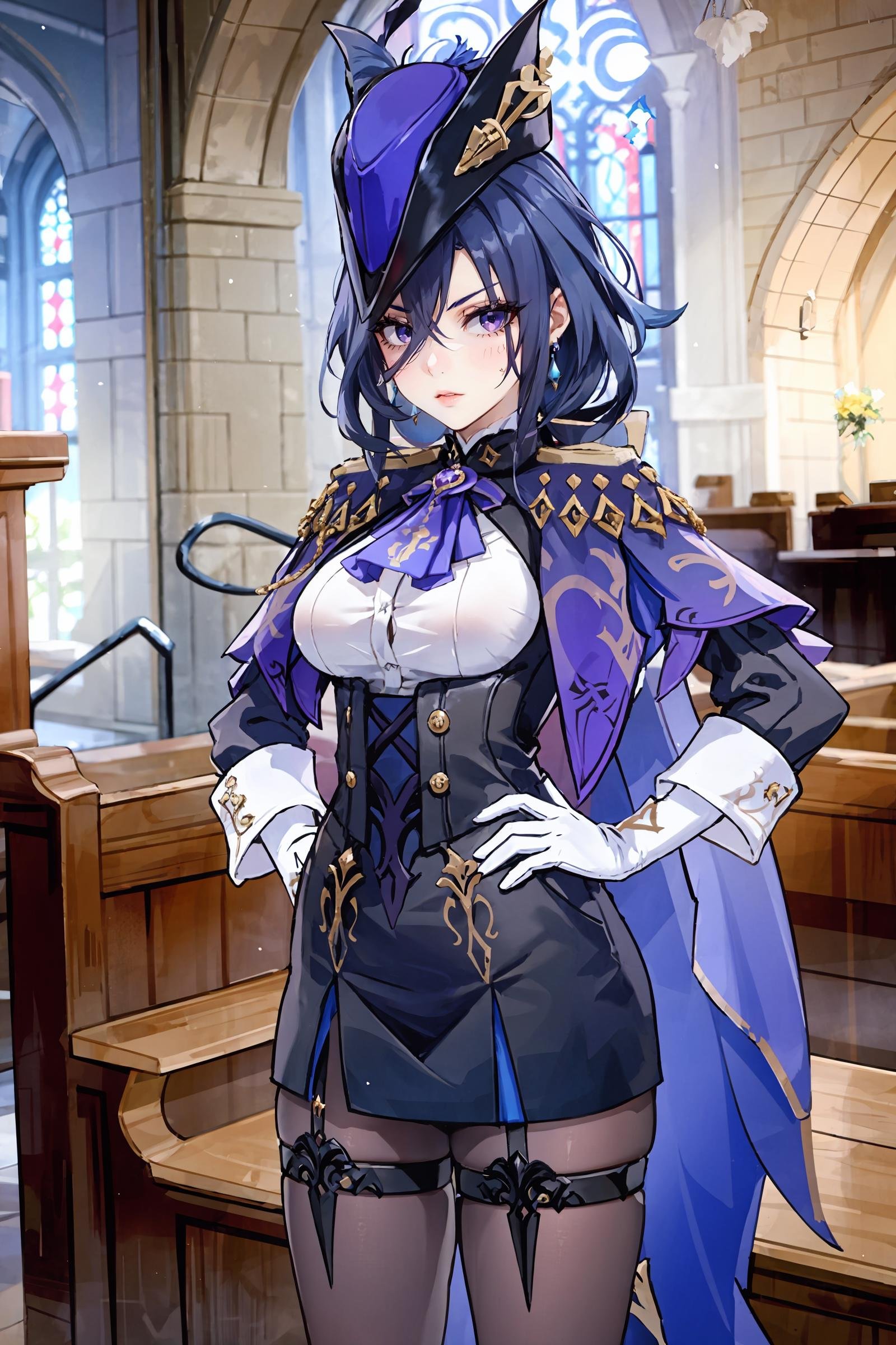 1girl, clorinde \(genshin impact\), tricorne, pantyhose, earrings, blue cape, white gloves, pencil skirt, white shirt, thigh strap, underbust, ascot, jacket, depth of field, standing, cowboy shot, glaring, hand on hip, looking at viewer, church, indoors