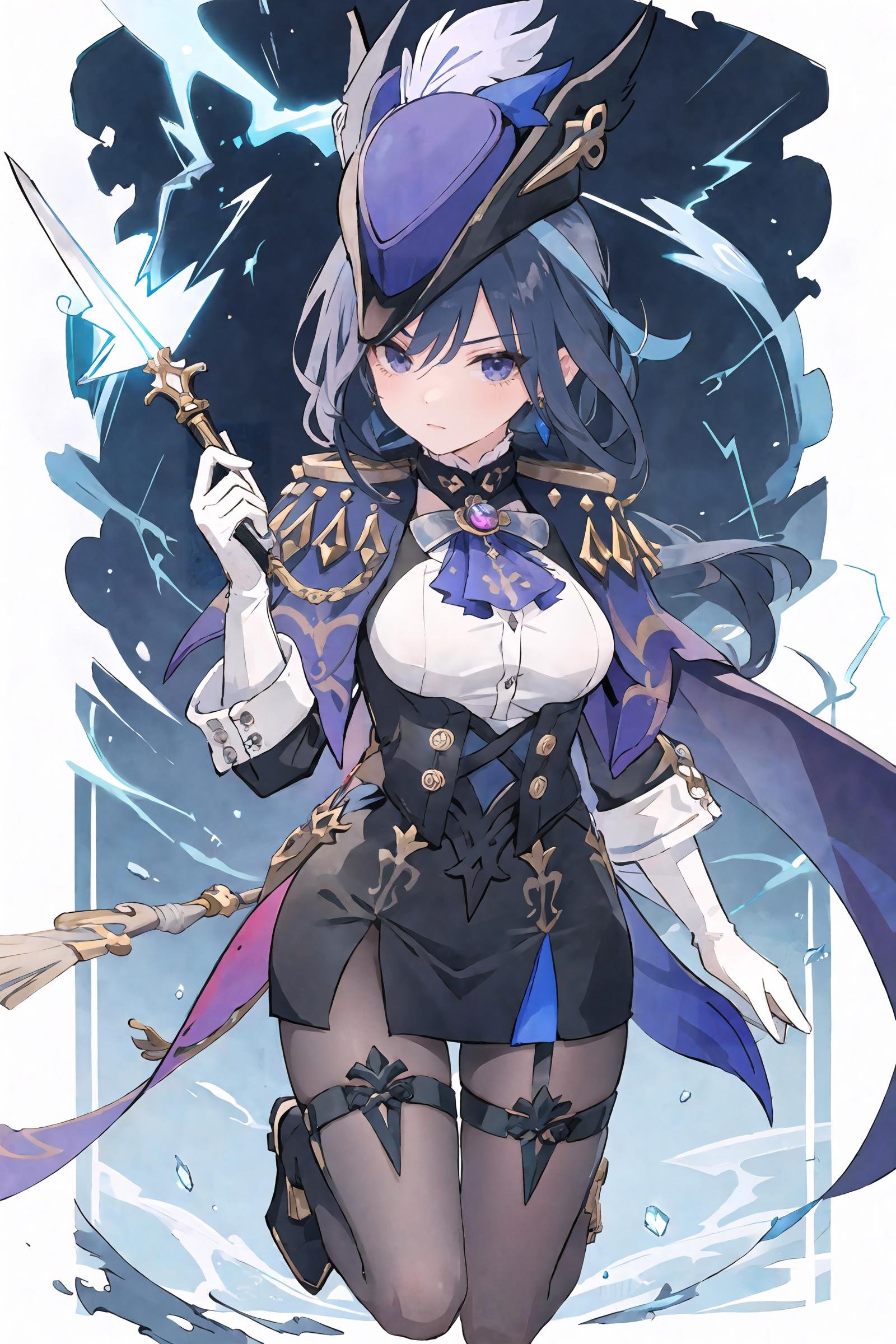 1girl, clorinde \(genshin impact\), tricorne, black pantyhose, earrings, blue cape, white gloves, pencil skirt, white shirt, thigh strap, underbust, ascot, fold-over boots, black jacket, full body, lightning, electricity, aura, looking at viewer, floating hair, glaring, hand on hilt, sword, masterpiece