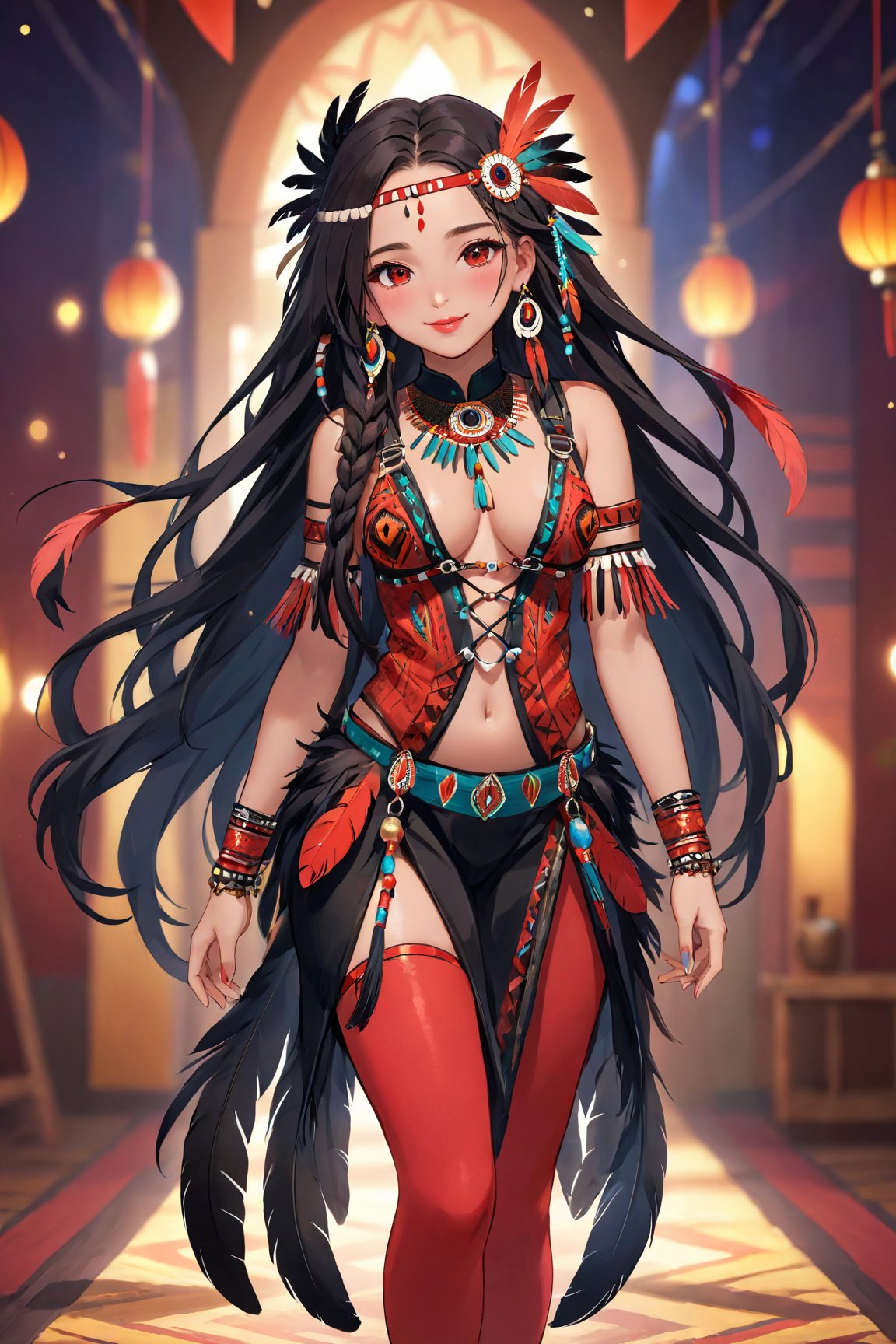 (best quality, 4k, highres, masterpiece:1.2), ultra-detailed, indigenous girl, red black harness, feathers in long dread hair, high heels boots, accessories on arm, beautiful detailed eyes, beautiful detailed lips, ethnic clothing, traditional patterns, graceful posture, subtle smile, vibrant colors, bokeh lighting, portraits