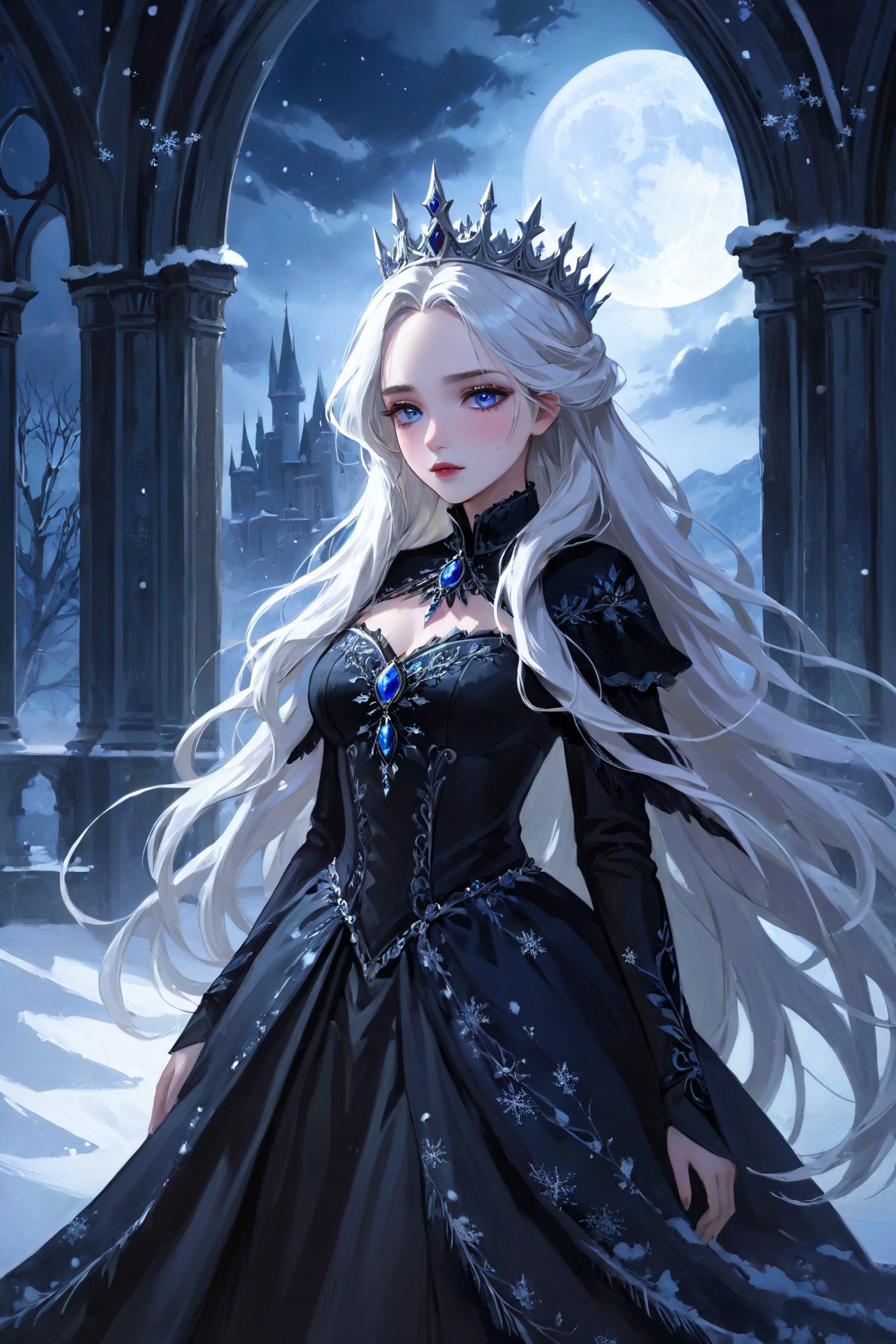 best quality, ultra-detailed, realistic, dark queen, snow, beautiful detailed eyes, long flowing hair, regal crown, dark makeup, pale skin, black dress, gloomy atmosphere, haunting shadows, mysterious, enchanted winter landscape, moonlight, queen's palace, ice crystals, frozen roses, ethereal beauty, cold breath, strong presence, stormy sky, ominous clouds, silent snowfall, glistening snowflakes, icy throne, winter spirit, drama and elegance, gothic art style, subtle color palette, luminous moonlight, soft candlelight, emotive lighting, contrasting highlights and shadows