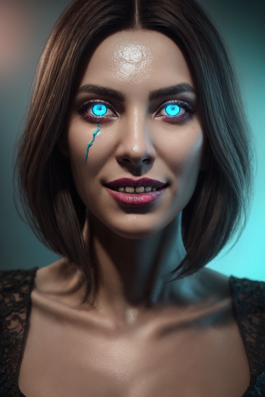 Navel, best quality,  8k,  ultra-detailed,  realistic:1.37,  vibrant colors,  vivid shading,  breathtaking portrait of an alien shapeshifter entity,  mesmerizing eyes,  intricate facial details,  otherworldly skin texture,  insane smile,  unnerving and intricate complexity,  surreal horror atmosphere,  dark shadows,  inverted neon rainbow drip paint,  ethereal glow,  hypnotic energy,  transcendent beauty,  mystical aura,  octane render,,Realism,photorealistic,Portrait