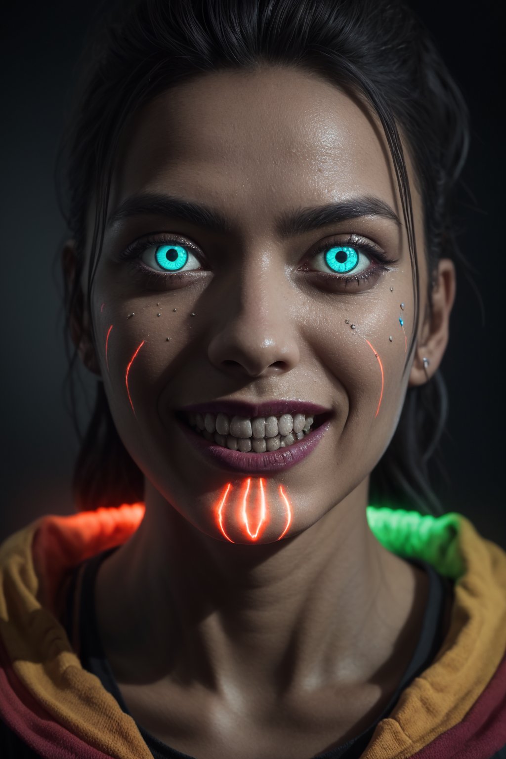 best quality,  8k,  ultra-detailed,  realistic:1.37,  vibrant colors,  vivid shading,  breathtaking portrait of an alien shapeshifter entity,  mesmerizing eyes,  intricate facial details,  otherworldly skin texture,  insane smile,  unnerving and intricate complexity,  surreal horror atmosphere,  dark shadows,  inverted neon rainbow drip paint,  ethereal glow,  hypnotic energy,  transcendent beauty,  mystical aura,  octane render,,Realism,photorealistic