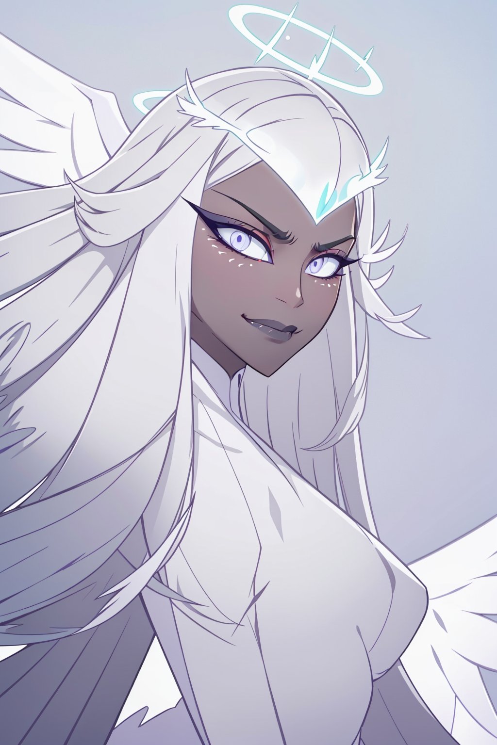 1girl, solo, long hair, closed mouth, upper body, white hair, wings, dark skin, makeup, frown, halo, eyeshadow, angel wings, angel, sera, long face, sharp jaw, smile, black lips, gray sclera, white iris, black pupil