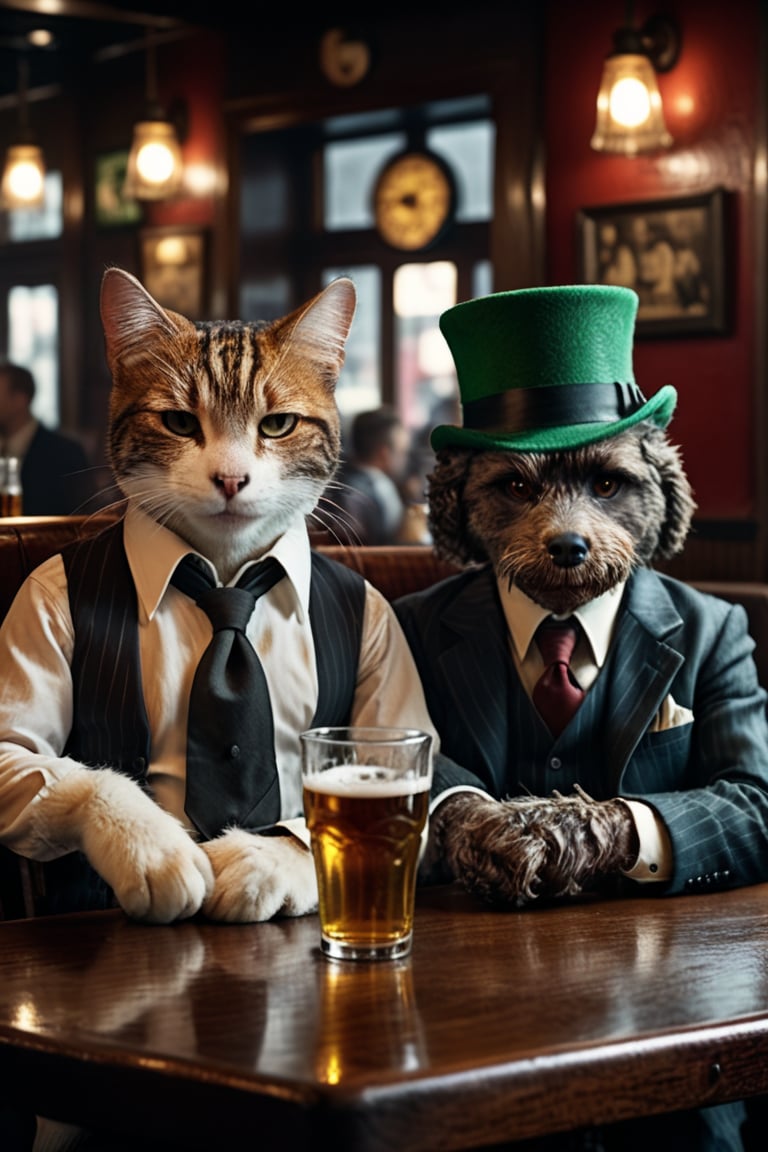 cinematic photo of both a cat and labradoodle with anthropomorphic humanoid body, dressed as mobsters sitting at table drinking beers at an irish pub, high detail, hyper realistic. 35mm photograph, film, bokeh, professional, 4k, highly detailed, Cnd