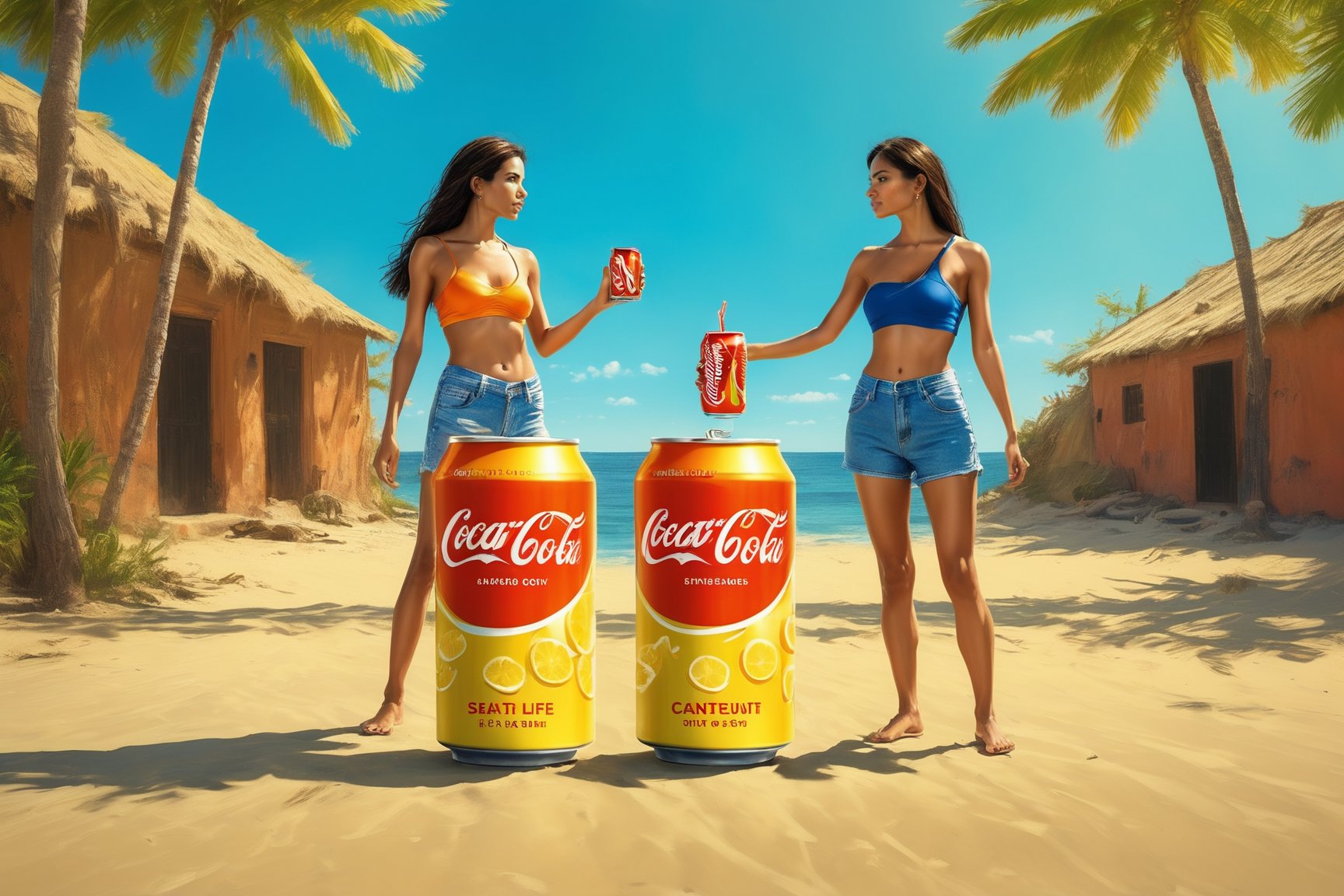 A young ancient female and her next life person in future are standing besides carbonated can drink concept design. A refreshing concept akin with a poster advertisement photoshoot, Hot Body,Unique Masterpiece,Split lighting,Replay1988