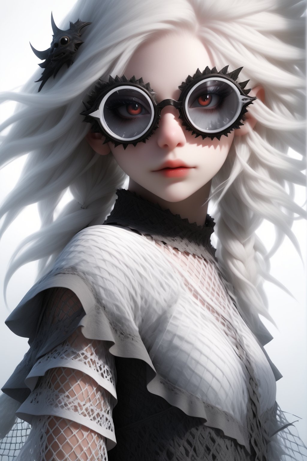 1 girl, (masterful), albino demon girl with lethargic sleepy smokey eyes,(white dreadlocks hair),((slit pupil eyes)),mesh fishnet blouse, () ,wearing sfglasses,
best quality, highest quality, extremely detailed CG unity 8k wallpaper, detailed and intricate, 
,,Glass Elements,sfglasees,sfglasses