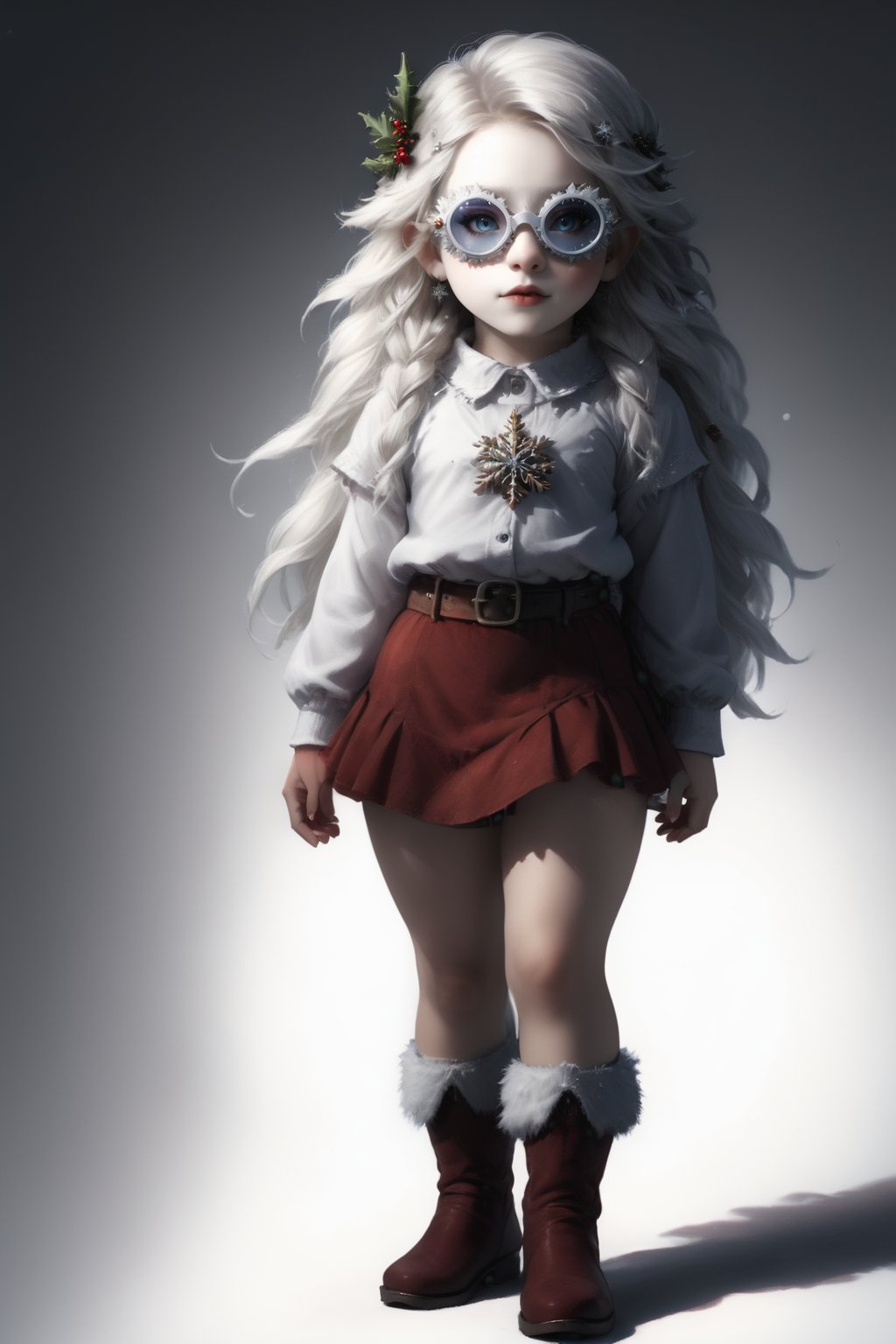 portrait of dwarf teen girl with christmas red dwarf clothes, full shot (FS), ((full body with legs)), standing, looking straight,wearing sfglasses, | (white background:1.2), simple background |, medieval, muted colors, digital art, 8K resolution, ultra quality, Watercolor, trending on artstation, intricate details, highly detailed, greg rutkowski,sfglasees,sfglasses