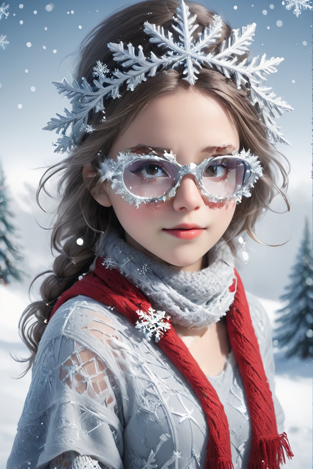 
In this Christmas scene, a petite girl stands alone in the snowy landscape. She wears a red Christmas hat, wearing sfglasses, her long hair dances in the chilly breeze. Wrapped in a deep red wool sweater, her scarf is adorned with delicate snowflake patterns.

The cold air tinges her cheeks with a slight rosy hue, while her eyes sparkle with warm anticipation. The slightly upturned face reveals a hope for the Christmas miracle. Snowflakes create a silver crown on her hair, as if crafting an ice and snow tiara for her.

Though her hands are not visible from behind, her posture exudes tranquility and expectation. Surrounding her is a silver-clad snowy scene, with a Christmas tree adorned with dazzling lights and gifts. The entire scene emanates warmth and joy, as if the magic of Christmas is about to unfold around her.,sfglasees,sfglasses