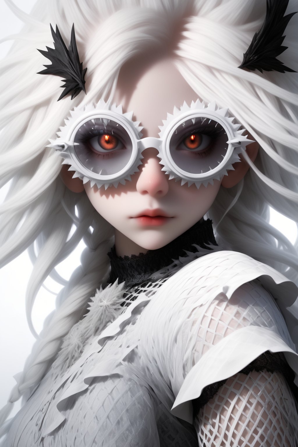 1 girl, (masterful), albino demon girl with lethargic sleepy smokey eyes,(white dreadlocks hair),((slit pupil eyes)),mesh fishnet blouse, () ,wearing sfglasses,
best quality, highest quality, extremely detailed CG unity 8k wallpaper, detailed and intricate, 
,,Glass Elements,sfglasees,sfglasses