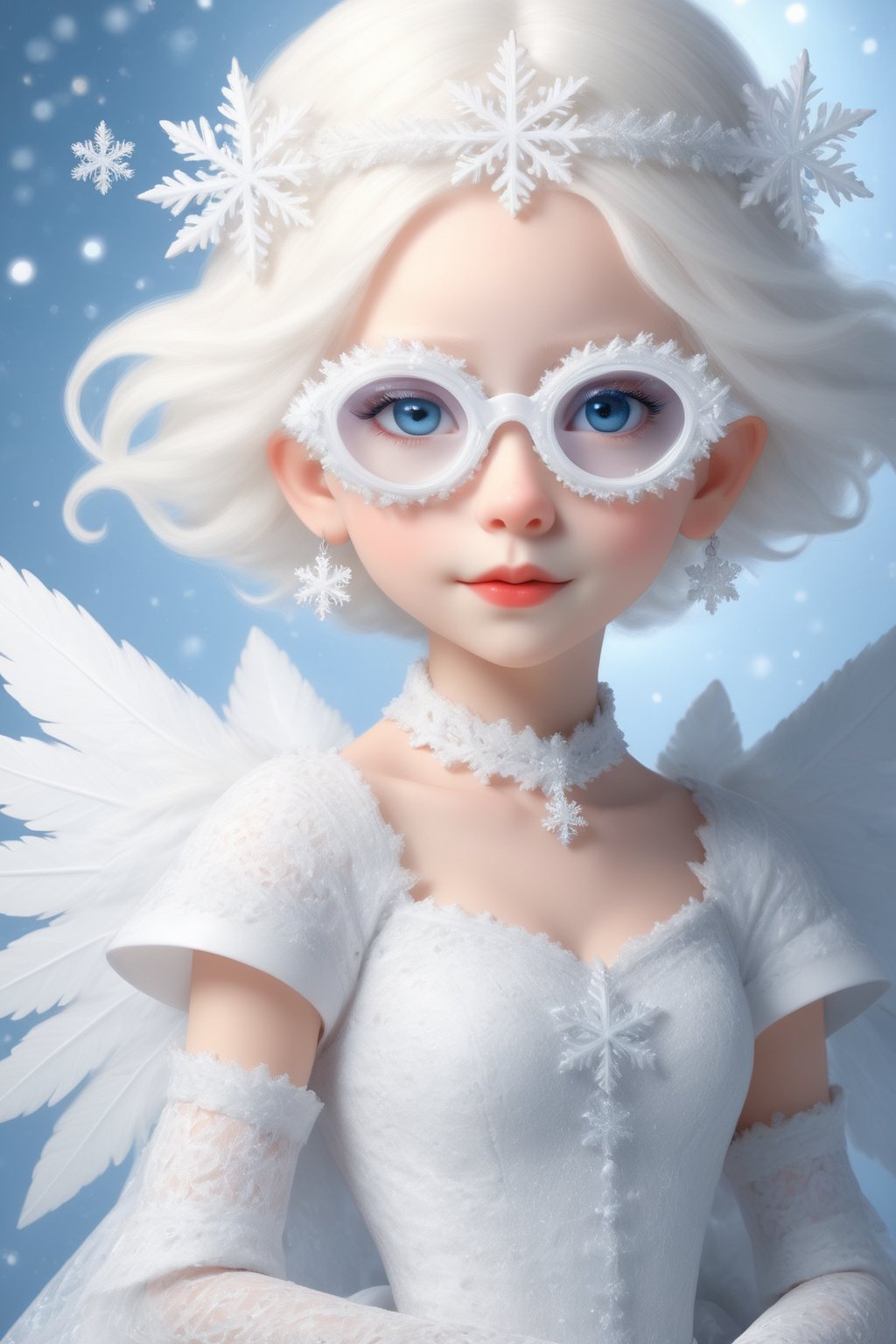 (Photorealistic Stick: 1.2), Sharp focus, (wearing snowflake glasses), Albino angel girl with seductively beautiful alabaster skin, , cute face, detailed and perfect face, cuteness loved by everyone ,
A bright smile full of compassion, beautiful red lips, big eyes, soft expression, light blue pupils, white eyelashes, white hair,
Her porcelain-white skin, reflecting an almost heavenly glow, (((Victorian wedding dress, expensive, intricately designed tiara)), with intricate lacework and intricate details of lace and embroidery. Pure white wedding dress, (dancing, random pose, changing pose, dynamic angle,), happy atmosphere,snowflake glasses,sfglasses