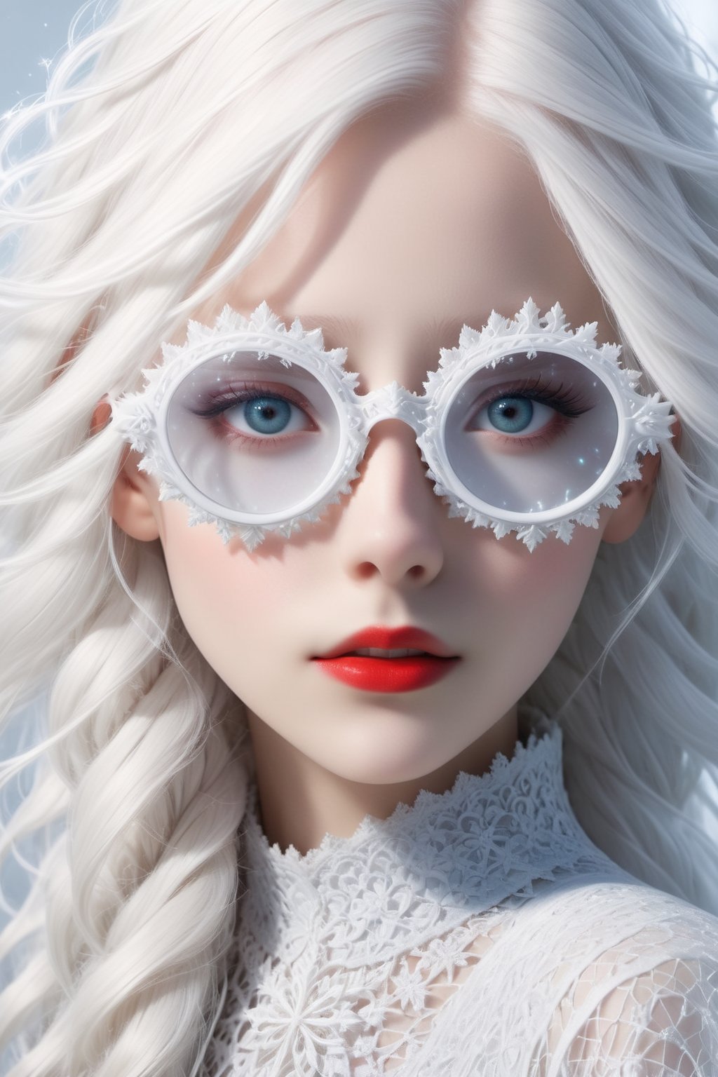 A girl with extremely fair complexion, almost appearing ghostly, possesses stunning flowing white hair that cascades down past her shoulders. Her eyes, an intense shade of red, glow eerily against her pale skin. wearing sfglasses,This mesmerizing image, resembling a high-resolution photograph, captures every intricate detail of the girl's ethereal beauty. From the flawless complexion to the intricately styled white hair and mesmerizing grey eyes, the picture showcases the subject in astounding clarity. The exceptional quality of the image transports viewers into a world where they can effortlessly admire the girl's otherworldly features,sfglasees,sfglasses