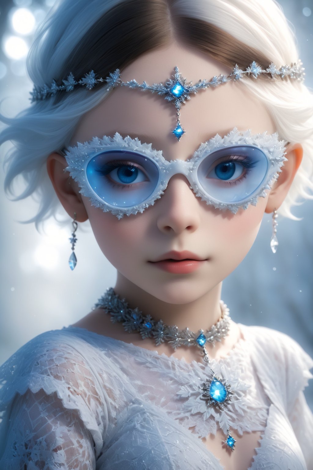 ((Bokeh:1.5)),((Soft focus:1.5)),(Fog),((blur)),(Lens Flare),
The Childlike Empress,stunning beautiful young albino girl,14 yers old,alabaster skin,very short brown  hair,wearing sfglasses,((Slicked back hair)),(head chain with jewelry stone),((viewed from side:1.5)),
girl has Beautiful blue eyes, soft expression, Depth and Dimension in the Pupils, She wears white delicate fractal pattern lace dress, , creating a sense of movement and depth.
p3rfect boobs,3d toon style,sfglasses,