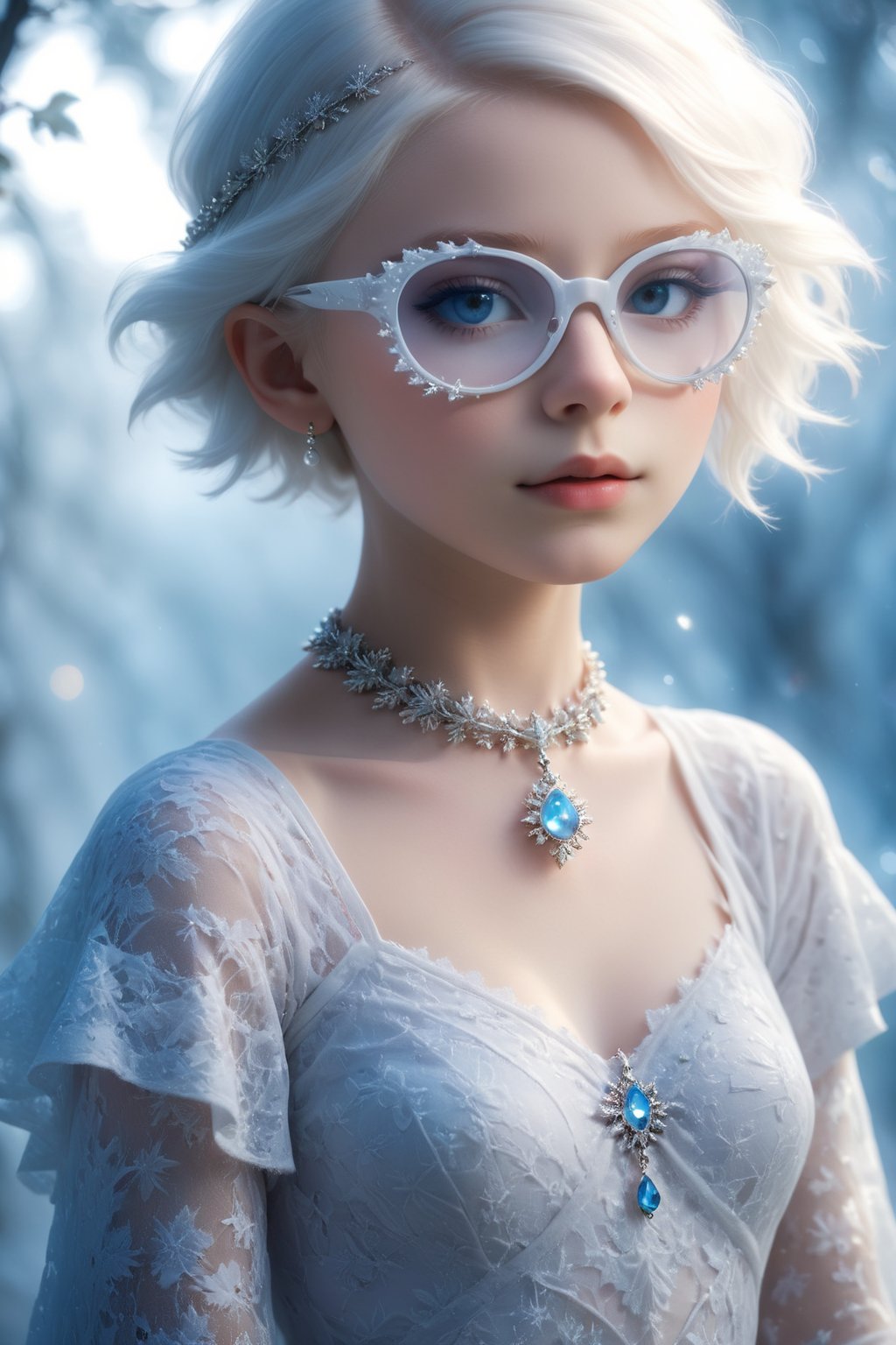 ((Bokeh:1.5)),((Soft focus:1.5)),(Fog),((blur)),(Lens Flare),
The Childlike Empress,stunning beautiful young albino girl,14 yers old,alabaster skin,very short brown  hair,wearing sfglasses,((Slicked back hair)),(head chain with jewelry stone),((viewed from side:1.5)),
girl has Beautiful blue eyes, soft expression, Depth and Dimension in the Pupils, She wears white delicate fractal pattern lace dress, , creating a sense of movement and depth.
p3rfect boobs,3d toon style,sfglasses,