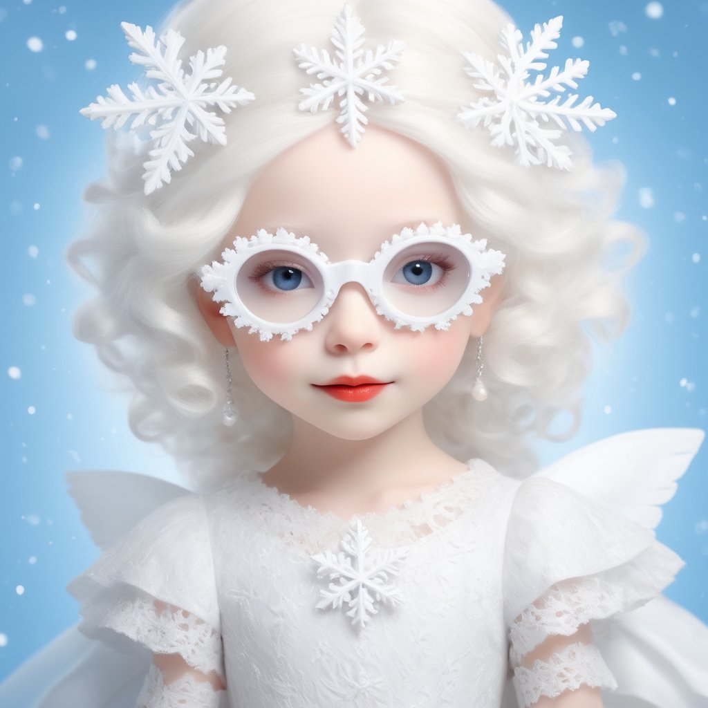 (Photorealistic Stick: 1.2), Sharp focus, (wearing snowflake glasses), Albino angel girl with seductively beautiful alabaster skin, , cute face, detailed and perfect face, cuteness loved by everyone ,
A bright smile full of compassion, beautiful red lips, big eyes, soft expression, light blue pupils, white eyelashes, white hair,
Her porcelain-white skin, reflecting an almost heavenly glow, (((Victorian wedding dress, expensive, intricately designed tiara)), with intricate lacework and intricate details of lace and embroidery. Pure white wedding dress, (dancing, random pose, changing pose, dynamic angle,), happy atmosphere,snowflake glasses