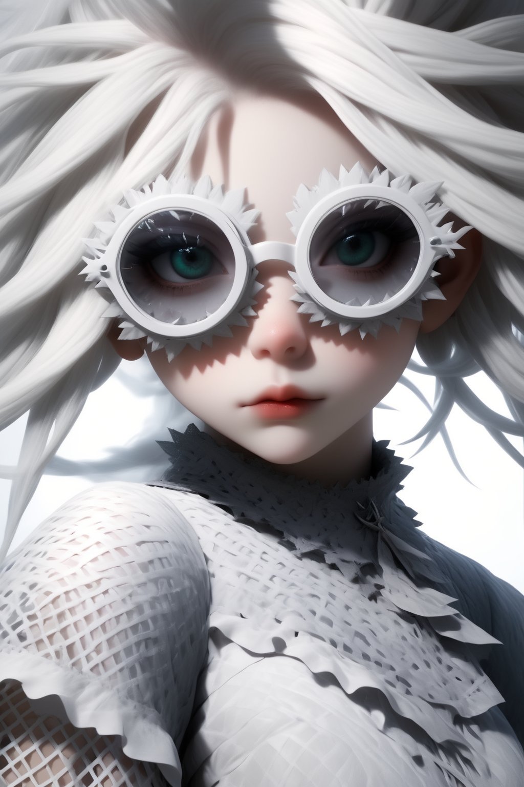 1 girl, (masterful), albino demon girl with lethargic sleepy smokey eyes,(white dreadlocks hair),((slit pupil eyes)),mesh fishnet blouse, () ,wearing sfglasses,
best quality, highest quality, extremely detailed CG unity 8k wallpaper, detailed and intricate, 
,,Glass Elements,sfglasees,sfglasses