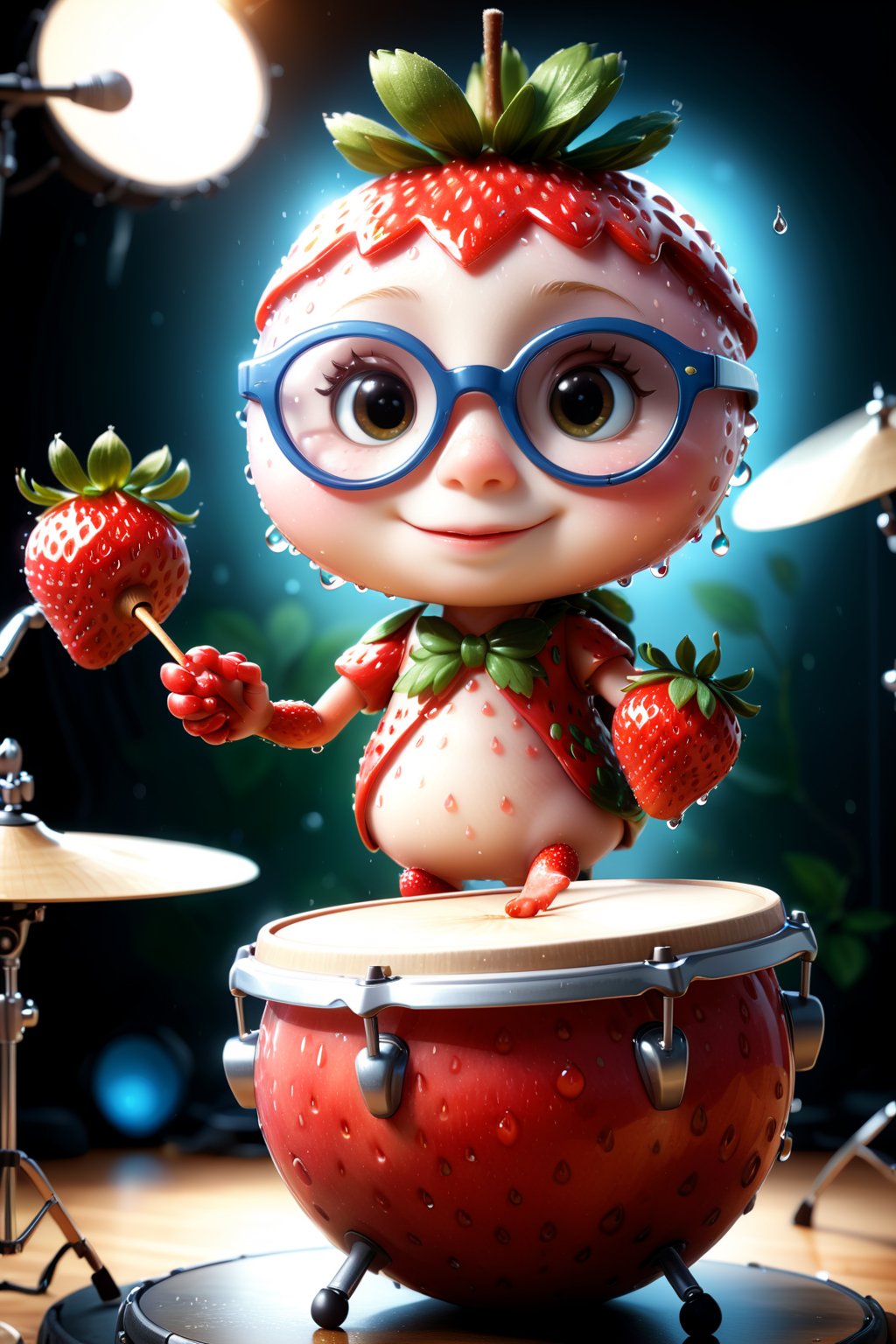 ((masterpiece:1.3,concept art,best quality,photorealistic)), very cute appealing    anthropomorphism of strawberry , playing drums pear, wearing sfglasses,drum set background,looking at the viewer, big grin, happy,, droplets, macro, sunlight, fantasy art, dynamic composition, dramatic lighting, epic realistic, award winning illustration, more detail XL,,sfglasees