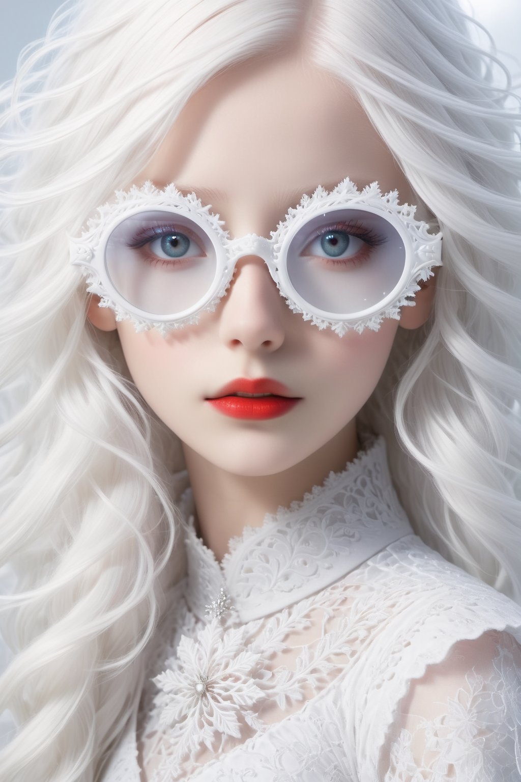 A girl with extremely fair complexion, almost appearing ghostly, possesses stunning flowing white hair that cascades down past her shoulders. Her eyes, an intense shade of red, glow eerily against her pale skin. wearing sfglasses,This mesmerizing image, resembling a high-resolution photograph, captures every intricate detail of the girl's ethereal beauty. From the flawless complexion to the intricately styled white hair and mesmerizing grey eyes, the picture showcases the subject in astounding clarity. The exceptional quality of the image transports viewers into a world where they can effortlessly admire the girl's otherworldly features,sfglasees,sfglasses