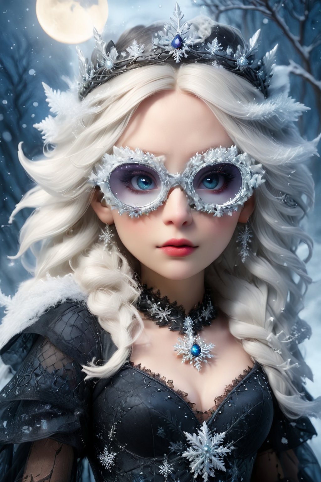 best quality,ultra-detailed,realistic,dark queen,snow,beautiful detailed eyes,long flowing hair,regal crown,dark makeup,pale skin,black dress,wearing sfglasses,gloomy atmosphere,haunting shadows,mysterious,enchanted winter landscape,moonlight,queen's palace,ice crystals,frozen roses,ethereal beauty,cold breath,strong presence,stormy sky,ominous clouds,silent snowfall,glistening snowflakes,icy throne,winter spirit,drama and elegance,gothic art style,subtle color palette,luminous moonlight,soft candlelight,emotive lighting,contrasting highlights and shadows.,sfglasees,sfglasses