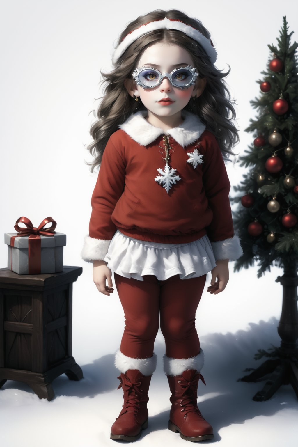 portrait of dwarf teen girl with christmas red dwarf clothes, full shot (FS), ((full body with legs)), standing, looking straight,wearing sfglasses, | (white background:1.2), simple background |, medieval, muted colors, digital art, 8K resolution, ultra quality, Watercolor, trending on artstation, intricate details, highly detailed, greg rutkowski,sfglasees,sfglasses