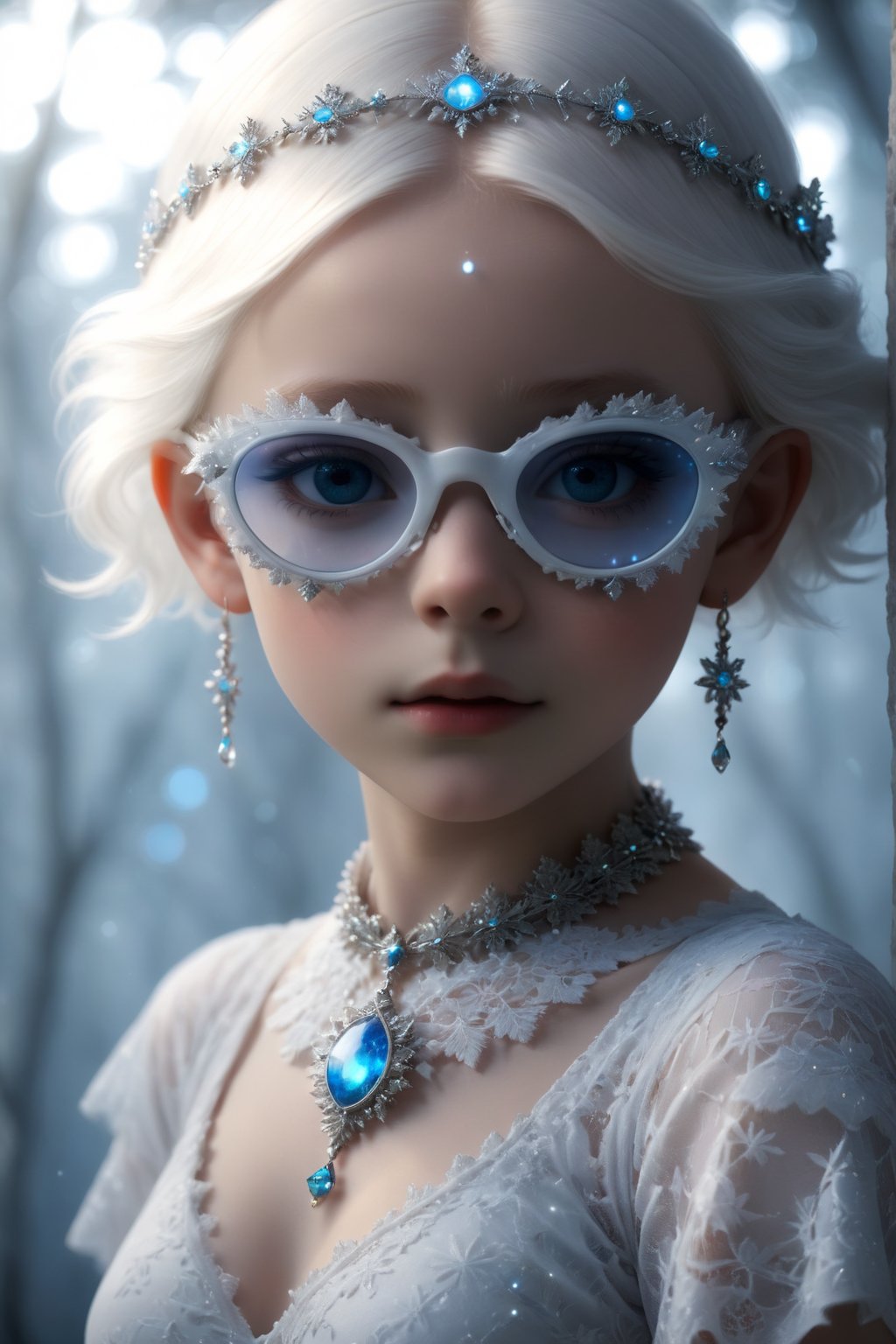 ((Bokeh:1.5)),((Soft focus:1.5)),(Fog),((blur)),(Lens Flare),
The Childlike Empress,stunning beautiful young albino girl,14 yers old,alabaster skin,very short brown  hair,wearing sfglasses,((Slicked back hair)),(head chain with jewelry stone),((viewed from side:1.5)),
girl has Beautiful blue eyes, soft expression, Depth and Dimension in the Pupils, She wears white delicate fractal pattern lace dress, , creating a sense of movement and depth.
p3rfect boobs,3d toon style,sfglasses,