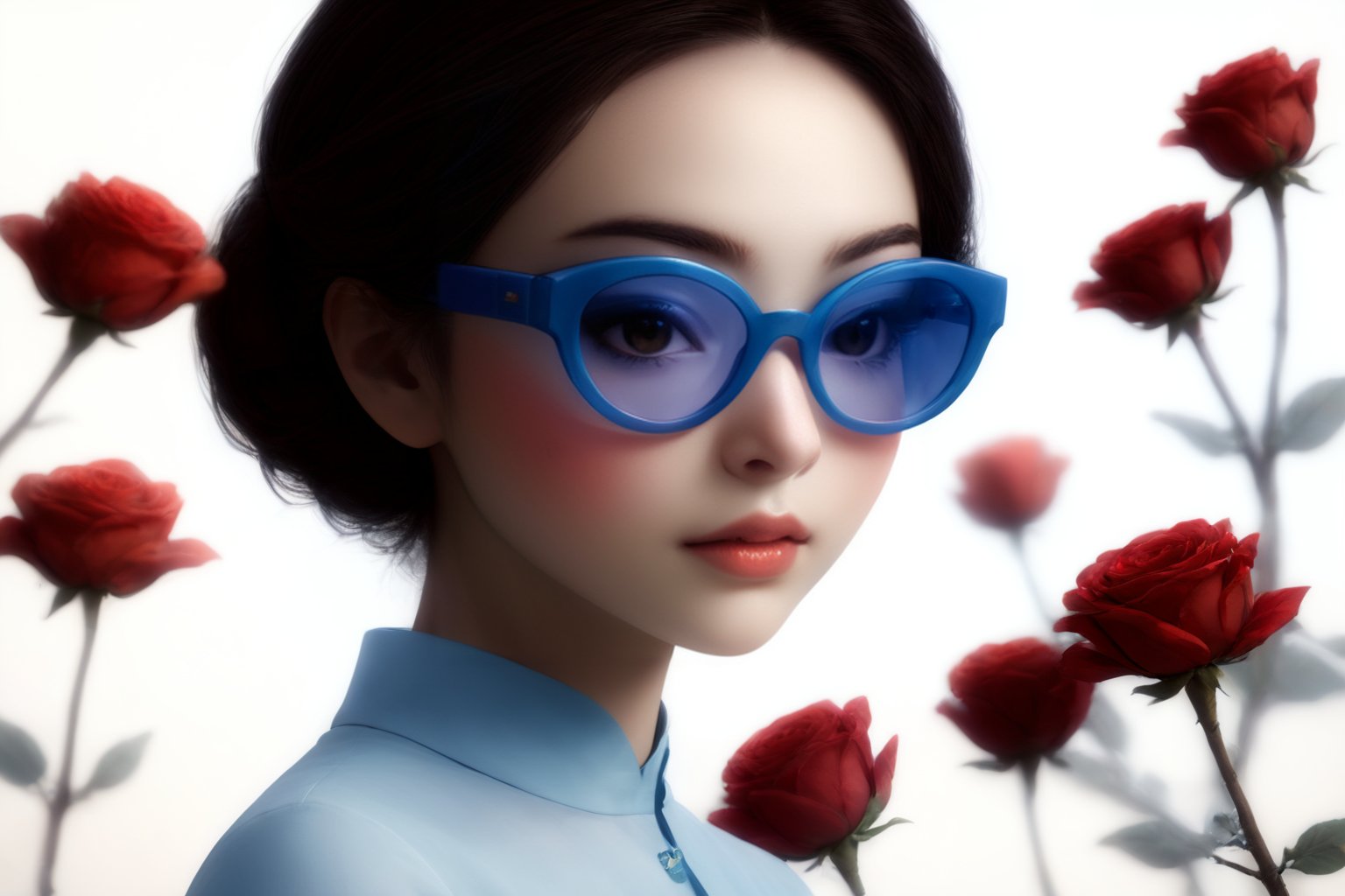 Create a modern-styled portrait of a gentle lady inspired by roses and love, wearing sfglasses,utilizing the vibrant color palettes and sleek lines reminiscent of the works by Chinese contemporary artist Zhang Xiaogang.,Enhance,Daughter of Dragon God,Young beauty spirit ,Perfect skin,sfglasees,sfglasses