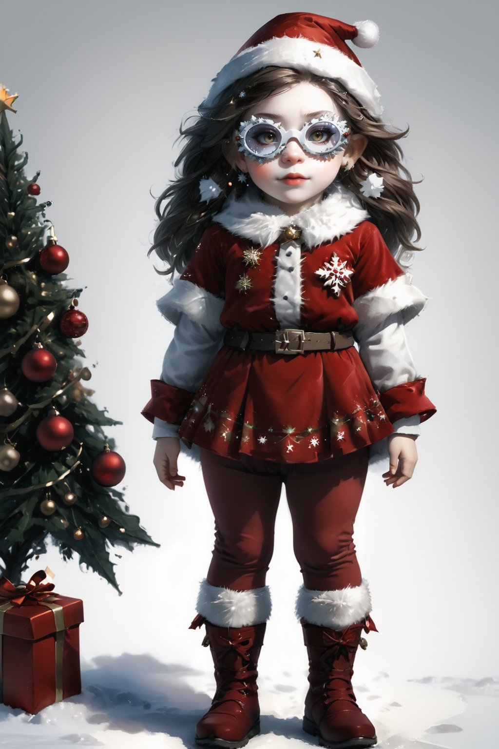 portrait of dwarf teen girl with christmas red dwarf clothes, full shot (FS), ((full body with legs)), standing, looking straight,wearing sfglasses, | (white background:1.2), simple background |, medieval, muted colors, digital art, 8K resolution, ultra quality, Watercolor, trending on artstation, intricate details, highly detailed, greg rutkowski,sfglasees,sfglasses