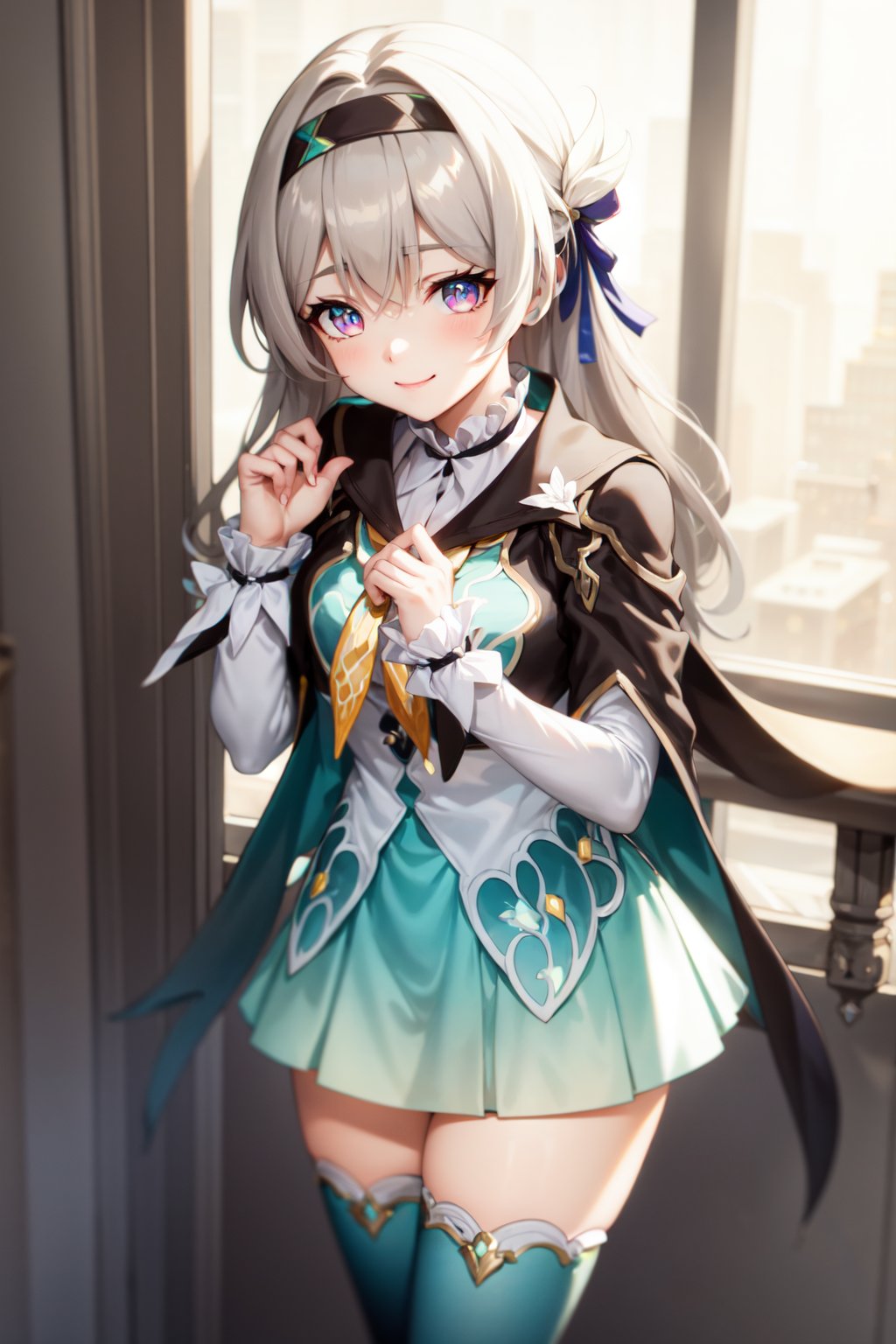 <lora:firefly:1> firefly \(honkai: star rail\), 1girl, solo, standing, grey hair, long hair, purple eyes, black hairband, jacket, dress, long sleeves, white sleeves, shirt, thighhighs, blue thighhighs, closed mouth, light smile, black thighhighs,