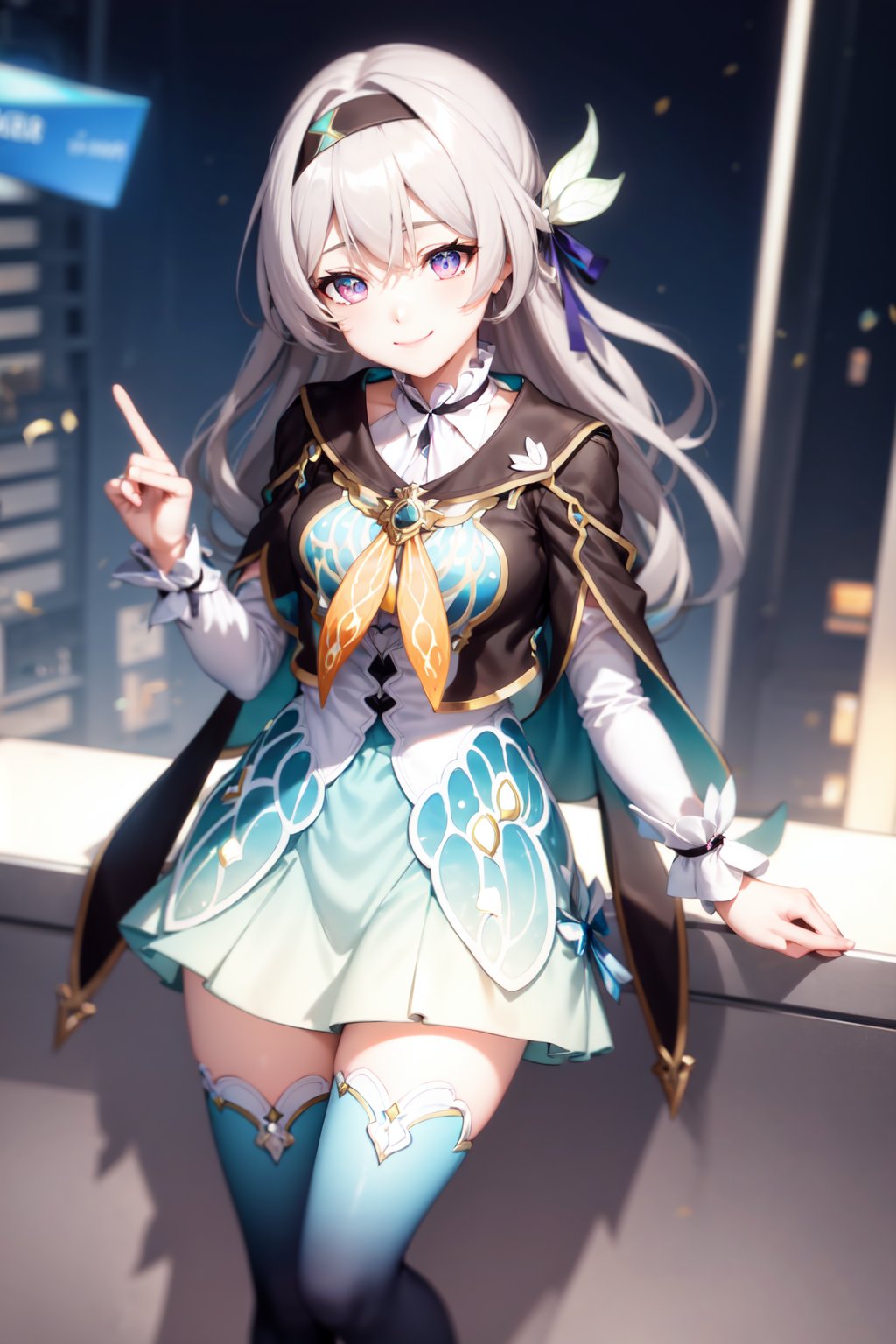 <lora:firefly:1> firefly \(honkai: star rail\), 1girl, solo, standing, grey hair, long hair, purple eyes, black hairband, jacket, dress, long sleeves, white sleeves, shirt, thighhighs, blue thighhighs, closed mouth, light smile, black thighhighs,