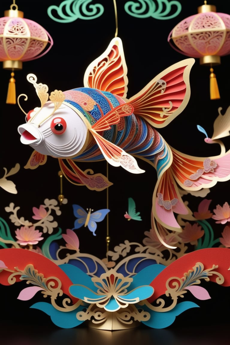 3D-big-fan-lantern , formed by complex details paper art  , in the pattern of  betterfly in center and surrounding by long-tails-goldfish,  red, blue, pink ,gold , green , orange, rainbow colour  chinese style , shining and monogram,  full of patterns covered , art , masterpiece
dark background filled with blurred lanterns ,
,glitter,kirigami,more detail XL