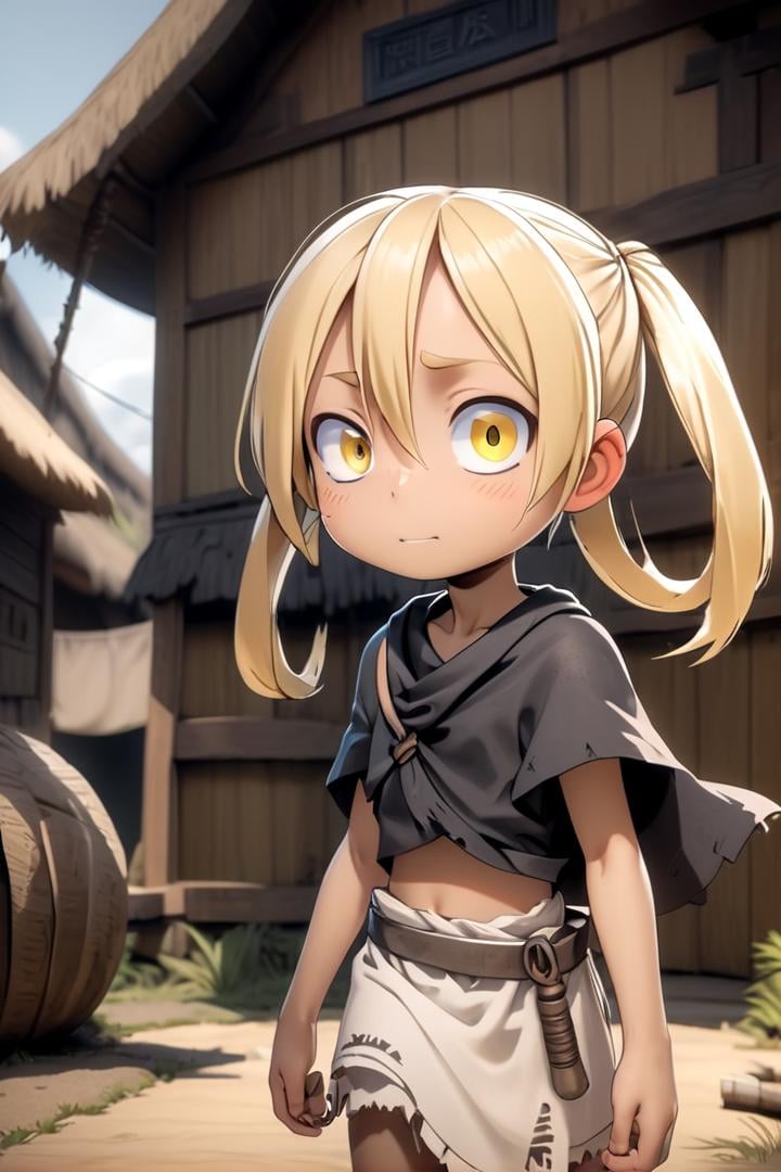 <lora:irumyuuisdxl-000019:0.5>8 year old girl, mia_irumyuui,she has (blonde hair).(yellow eye color), sfw,(blonde hair rings:1.5),dark skin, wooden village, (flat chest), white tribal savage rag skirt,outside, well lit, naval, chest fully covered in white savage tribal rags,draw it in the style of made in abyss,The soft lighting and detailed surroundings create an immersive environment where imagination runs wildhigh quality visuals, dim Lighting, sharply focused, octane render, 8k UHD