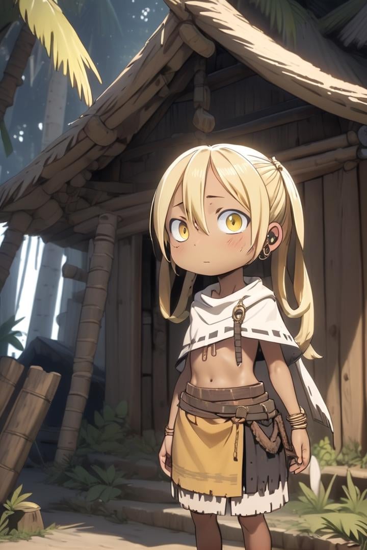 <lora:irumyuuisdxl-000019:0.5>1girl, mia_irumyuui,she has blonde hair.(yellow eye color), (hair rings:1.4),dark skin, wooden village, (flat chest), tribal outfit,outside, well lit, savage skirt, naval, chest fully covered in rags,draw it in the style of made in abyss,The soft lighting and detailed surroundings create an immersive environment where imagination runs wildhigh quality visuals, dim Lighting, sharply focused, octane render, 8k UHD