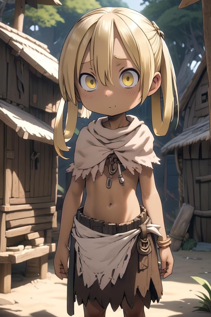 <lora:irumyuuisdxl-000019:0.5>1girl, mia_irumyuui,she has blonde hair.(yellow eye color), (hair rings:1.4),dark skin, wooden village, (flat chest), tribal outfit,outside, well lit, savage skirt, naval, chest fully covered in rags,draw it in the style of made in abyss,The soft lighting and detailed surroundings create an immersive environment where imagination runs wildhigh quality visuals, dim Lighting, sharply focused, octane render, 8k UHD