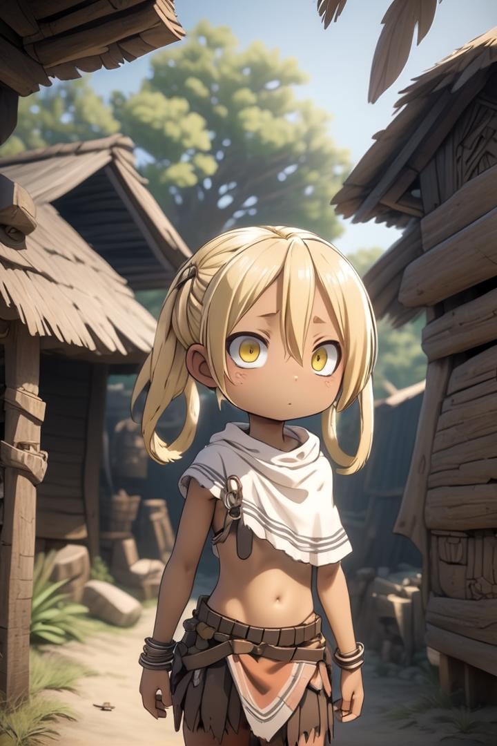 <lora:irumyuuisdxl-000019:0.5>1girl, mia_irumyuui,she has blonde hair.(yellow eye color), (hair rings:1.4),dark skin, wooden village, (flat chest), tribal outfit,outside, well lit, savage skirt, naval, chest fully covered in rags,draw it in the style of made in abyss,The soft lighting and detailed surroundings create an immersive environment where imagination runs wildhigh quality visuals, dim Lighting, sharply focused, octane render, 8k UHD