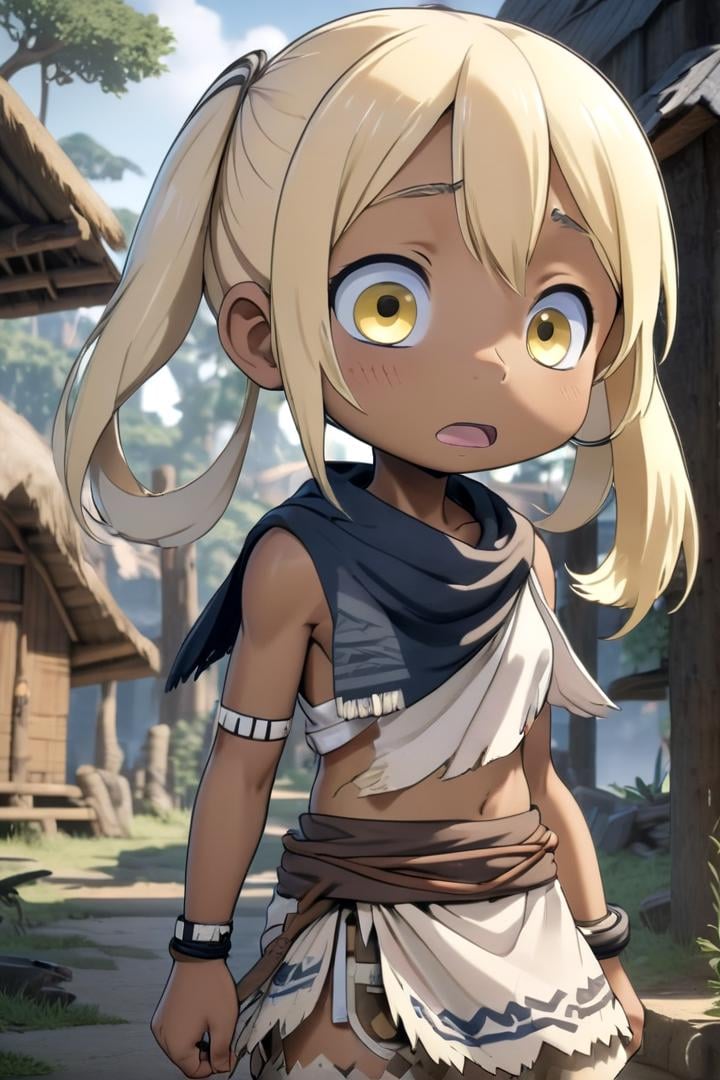 <lora:irumyuuisdxl-000019:0.5>8 year old girl, mia_irumyuui,she has (blonde hair).(yellow eye color), sfw,(blonde hair rings:1.5),dark skin, wooden village, (flat chest), white tribal savage rag skirt,outside, well lit, naval, chest fully covered in white savage tribal rags,draw it in the style of made in abyss,The soft lighting and detailed surroundings create an immersive environment where imagination runs wildhigh quality visuals, dim Lighting, sharply focused, octane render, 8k UHD